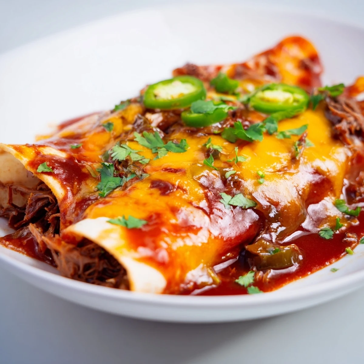 Golden, bubbly Beef Enchiladas fresh from the oven, ready to serve with sour cream and cilantro.
