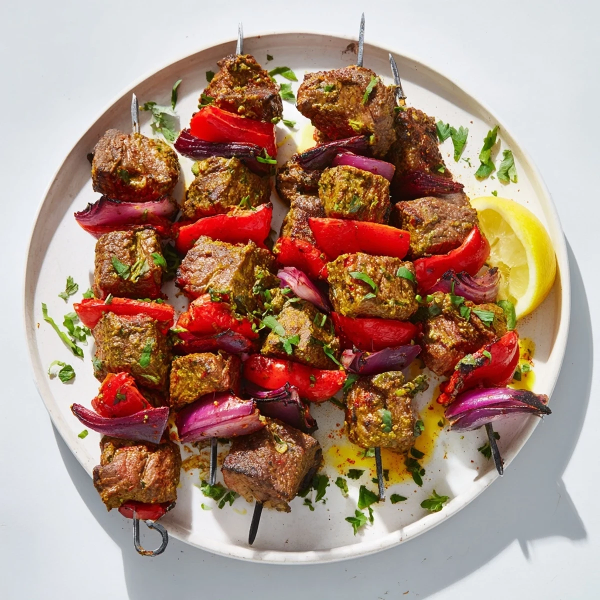 Tender lamb kebabs sizzling on a grill, featuring vibrant peppers and onions alongside. 