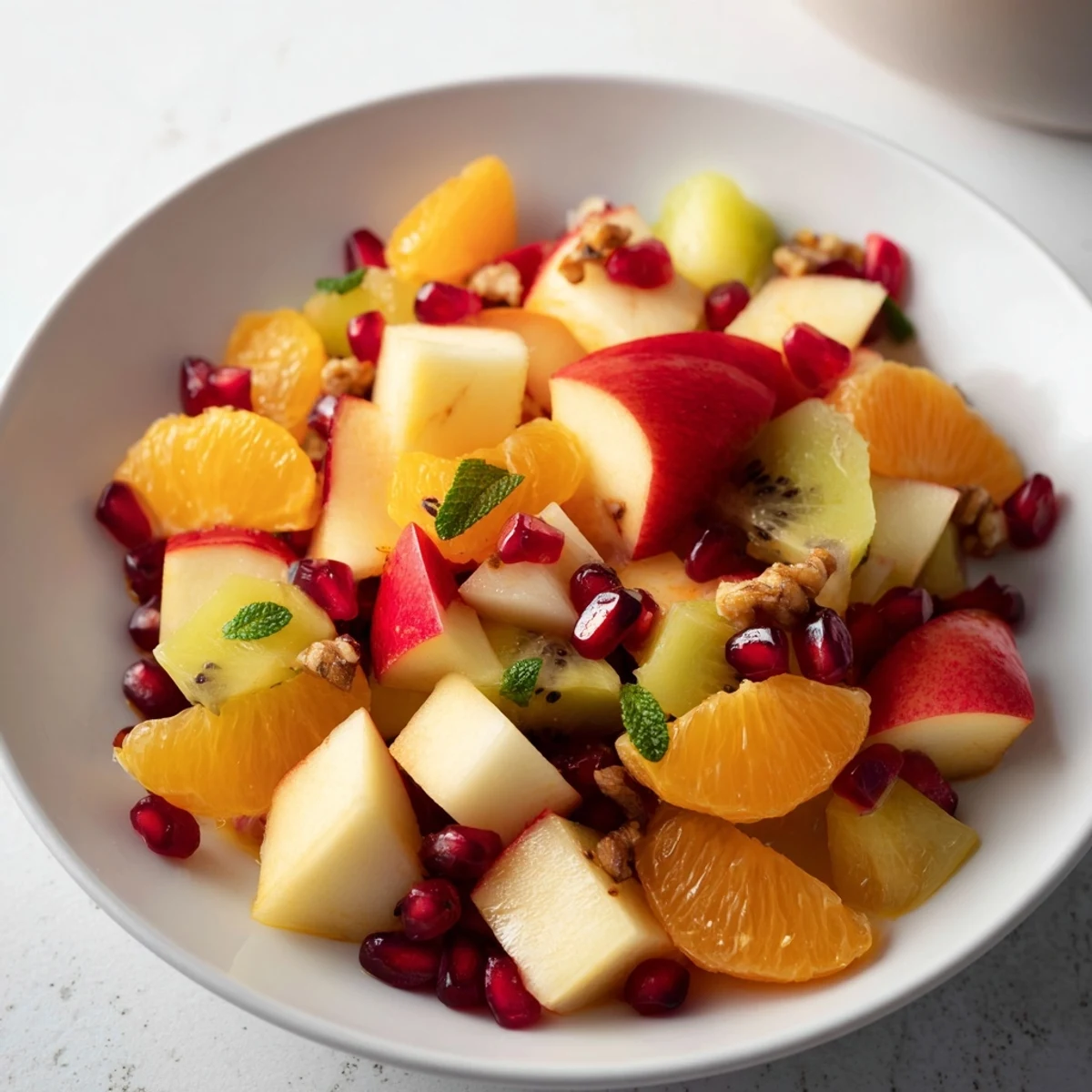 A colorful Winter Fruit Salad with juicy oranges, apples, and pomegranate seeds drizzled with honey.