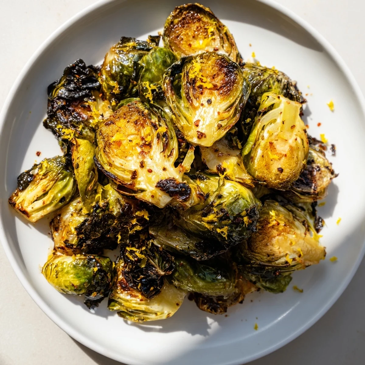A close-up of perfectly roasted Brussels sprouts, ready to serve as a tasty, healthy side dish.