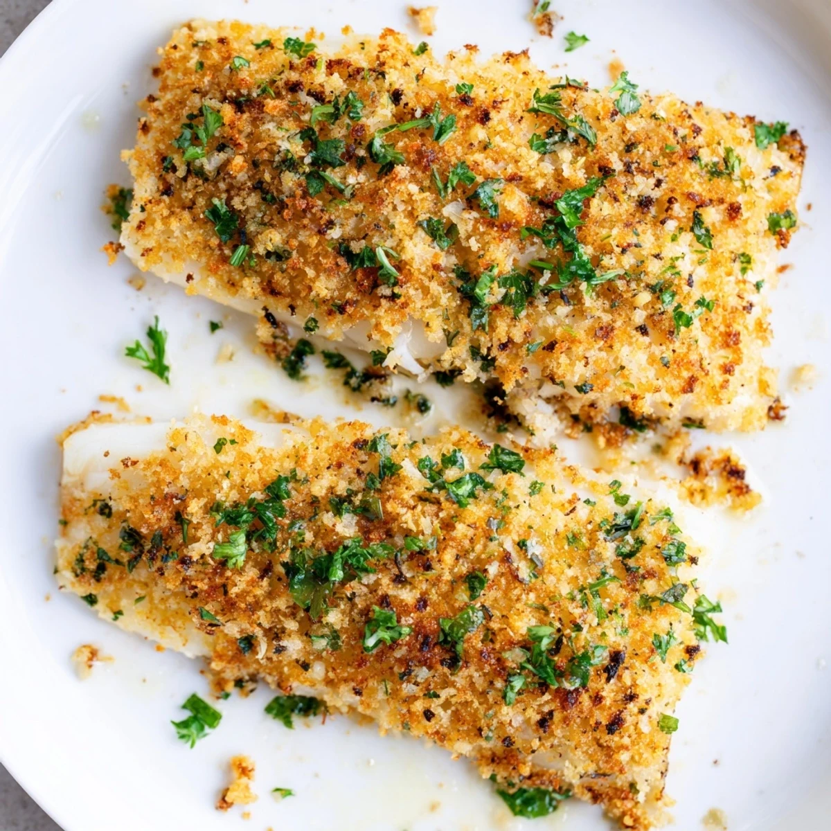 Golden baked haddock with crispy breadcrumbs and fresh parsley, a delicious meal.