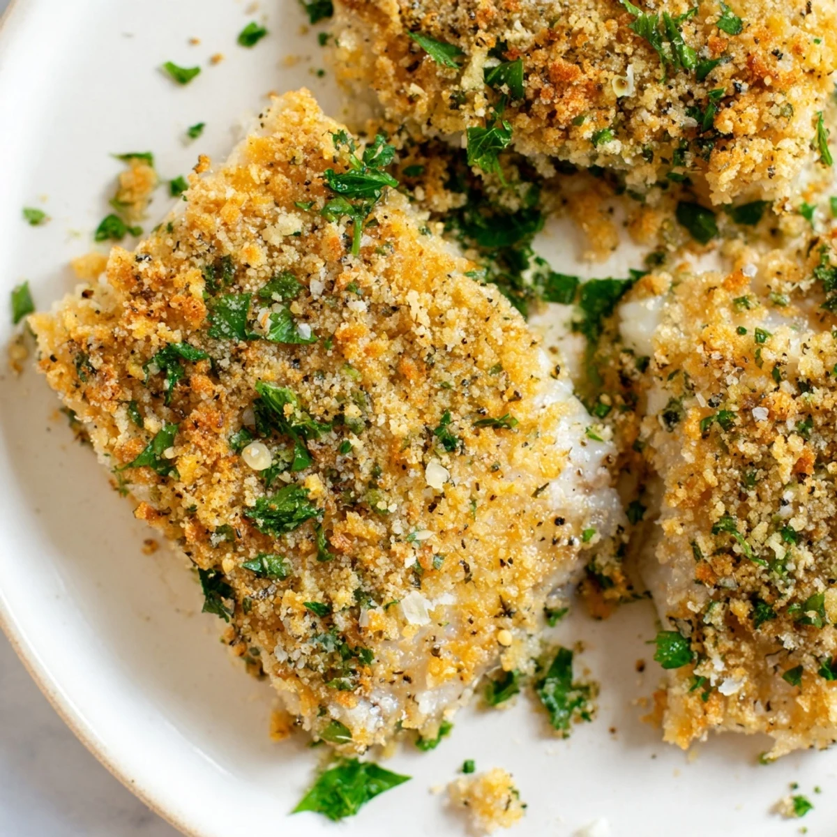 A close-up of a perfectly baked haddock with golden crumbs, ideal for dinner tonight.