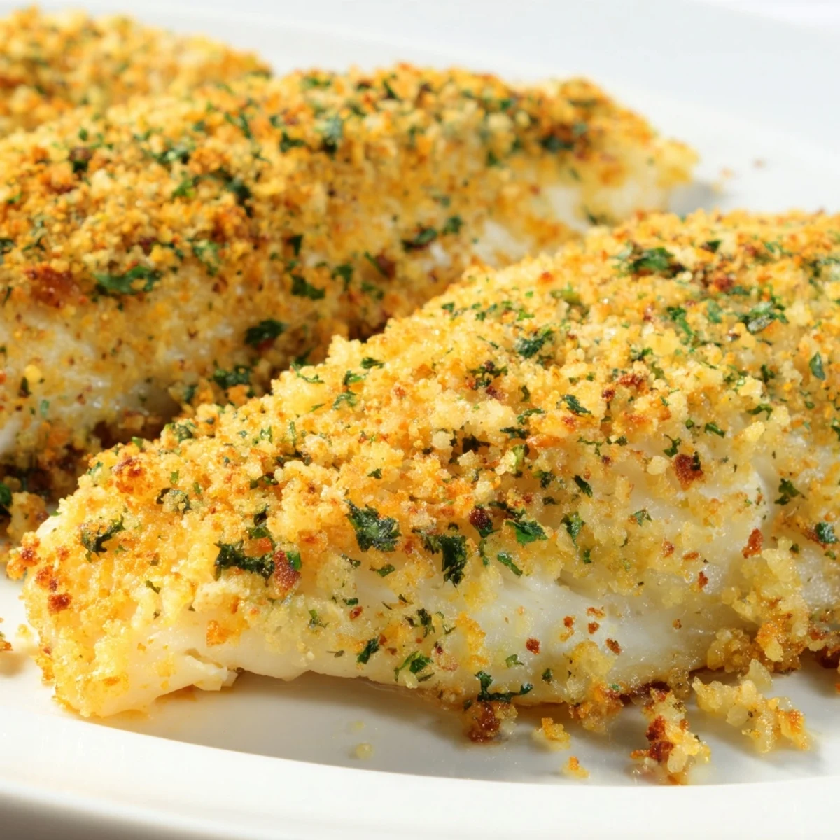 Flaky Baked Haddock, seasoned with herbs, ready to serve with lemon for a bright flavor.
