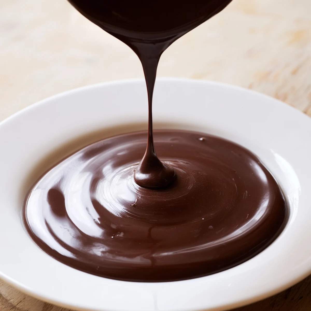 A close-up of decadent Warm Chocolate Sauce, drizzled smoothly over vanilla ice cream.