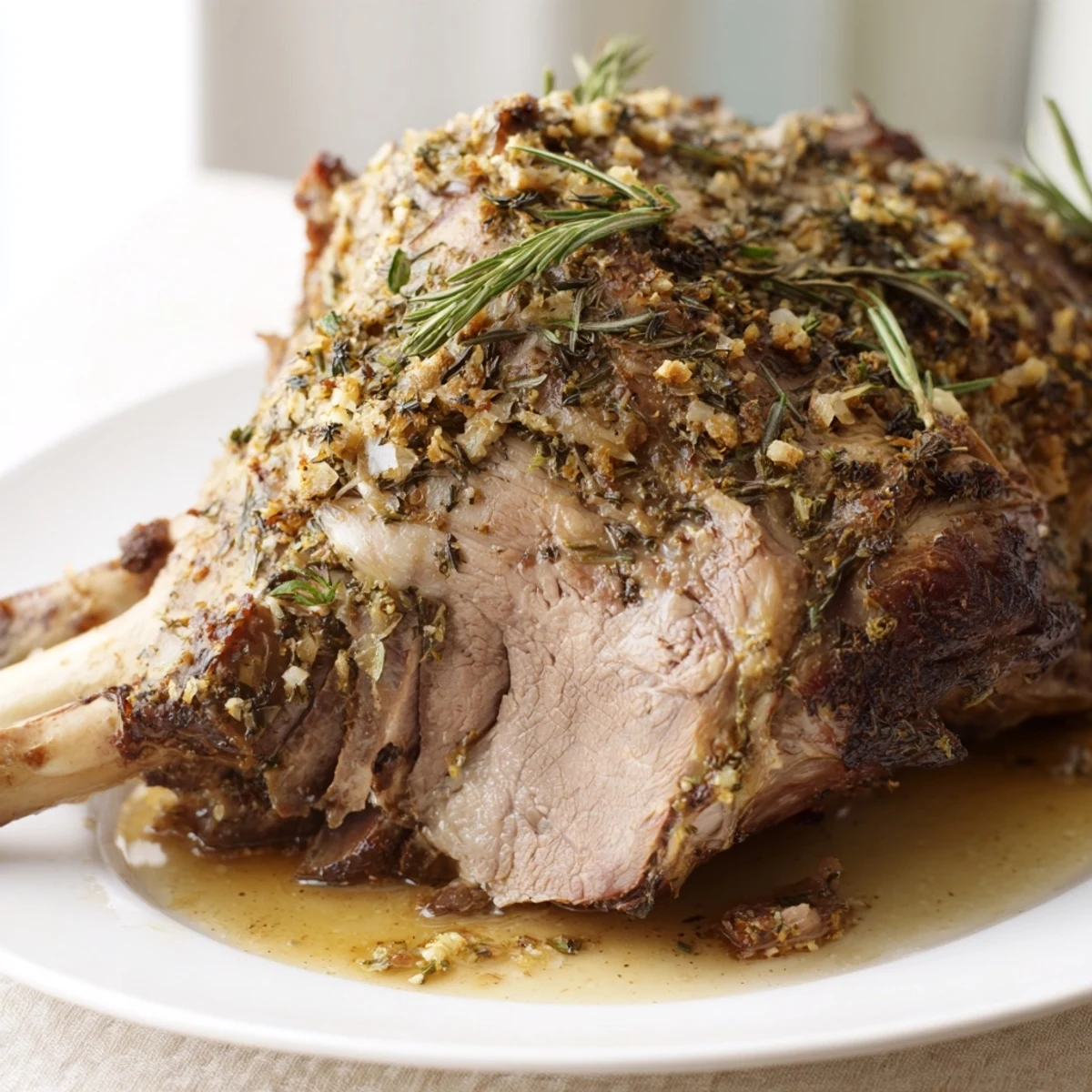 Tender slow roasted lamb, glistening and savory, ready to be sliced for a delicious dinner.