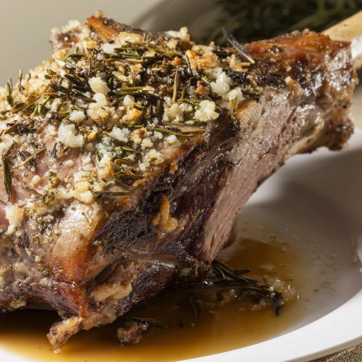Golden-crusted slow roasted lamb with herbs, a stunning centerpiece for a holiday feast.