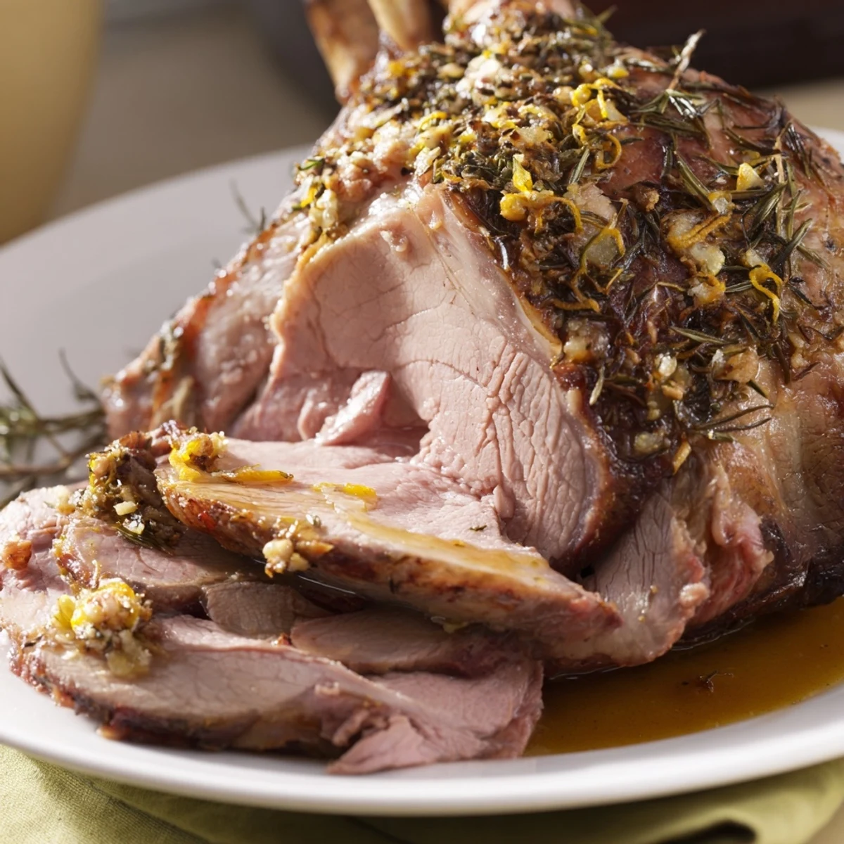 Juicy slow roasted lamb, slow-cooked to perfection, served with flavorful pan juices.