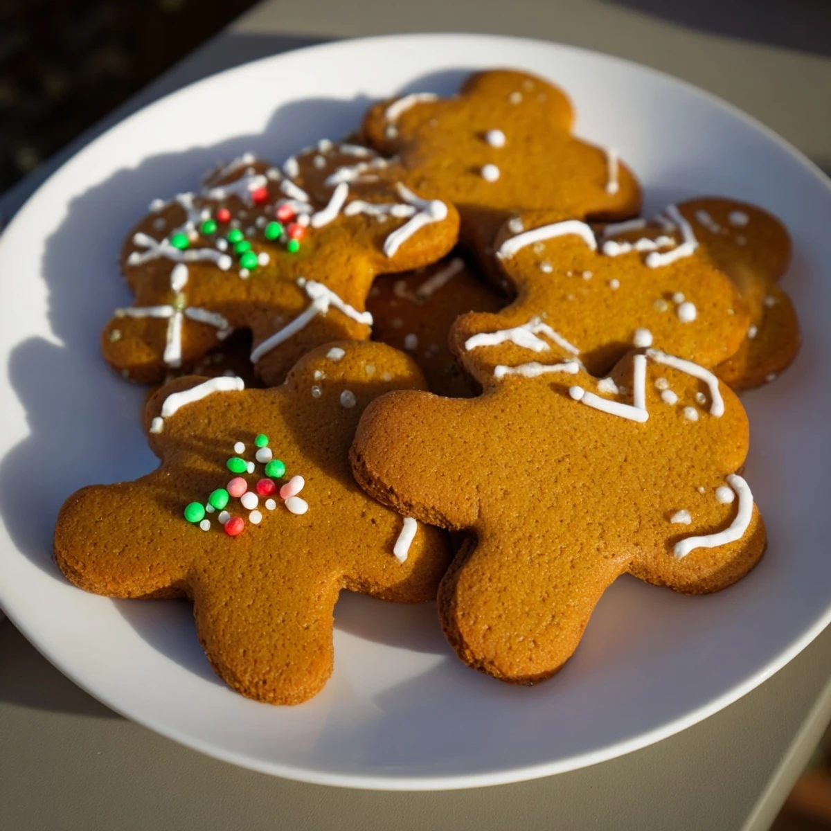 Close-up of freshly baked gingerbread biscuits, with visible cracks and a dusting of cinnamon powder.