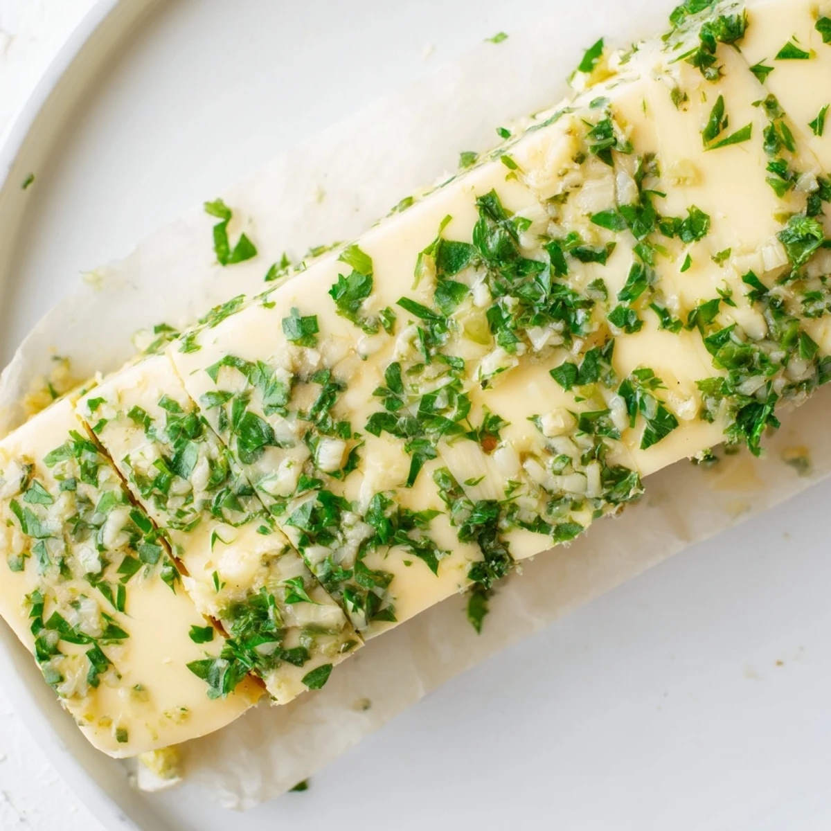 Close-up of vibrant garlic butter swirled with herbs, perfect for flavoring steaks and veggies.