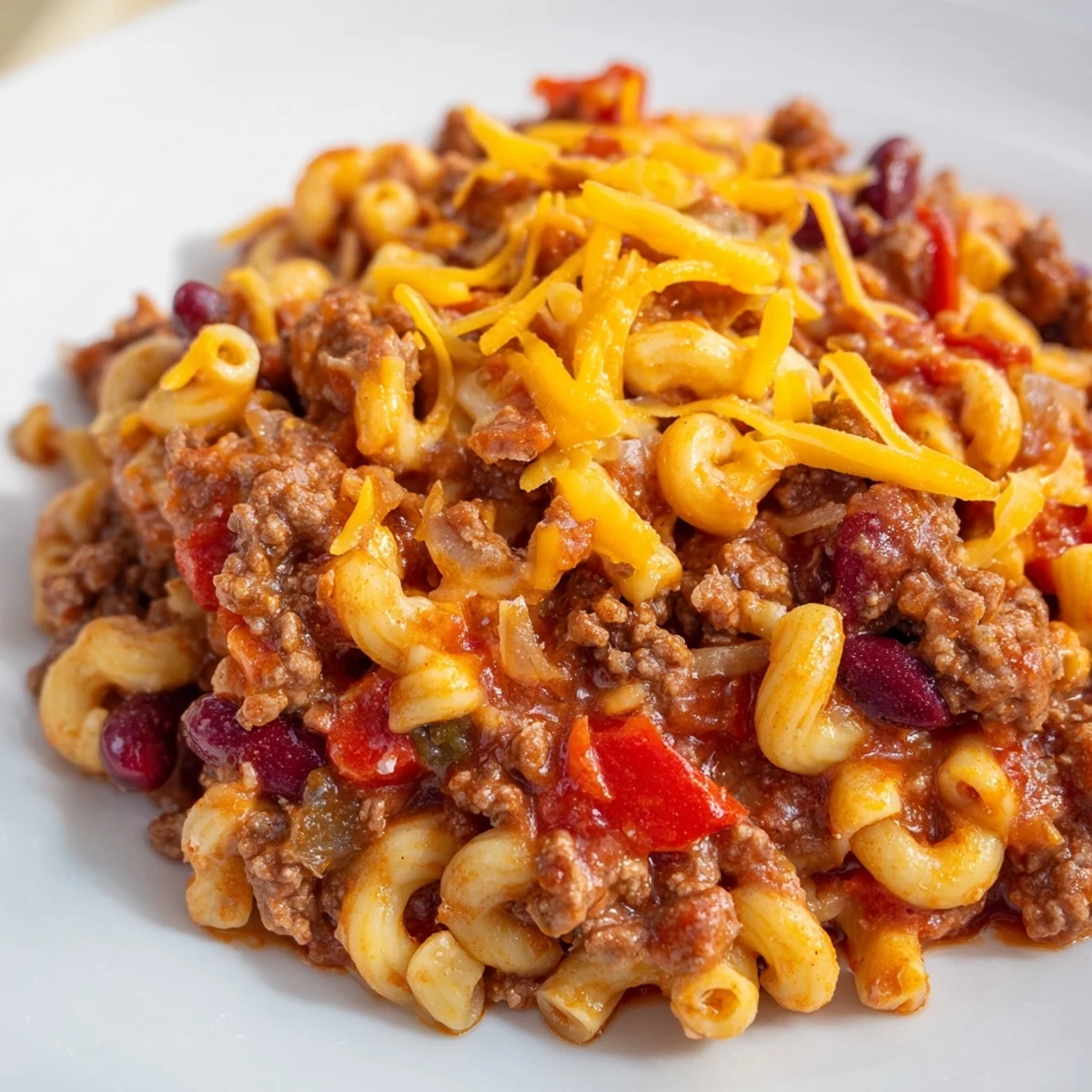 A steaming bowl of Beef Chili Mac, with melted cheese and fresh green onion garnish.