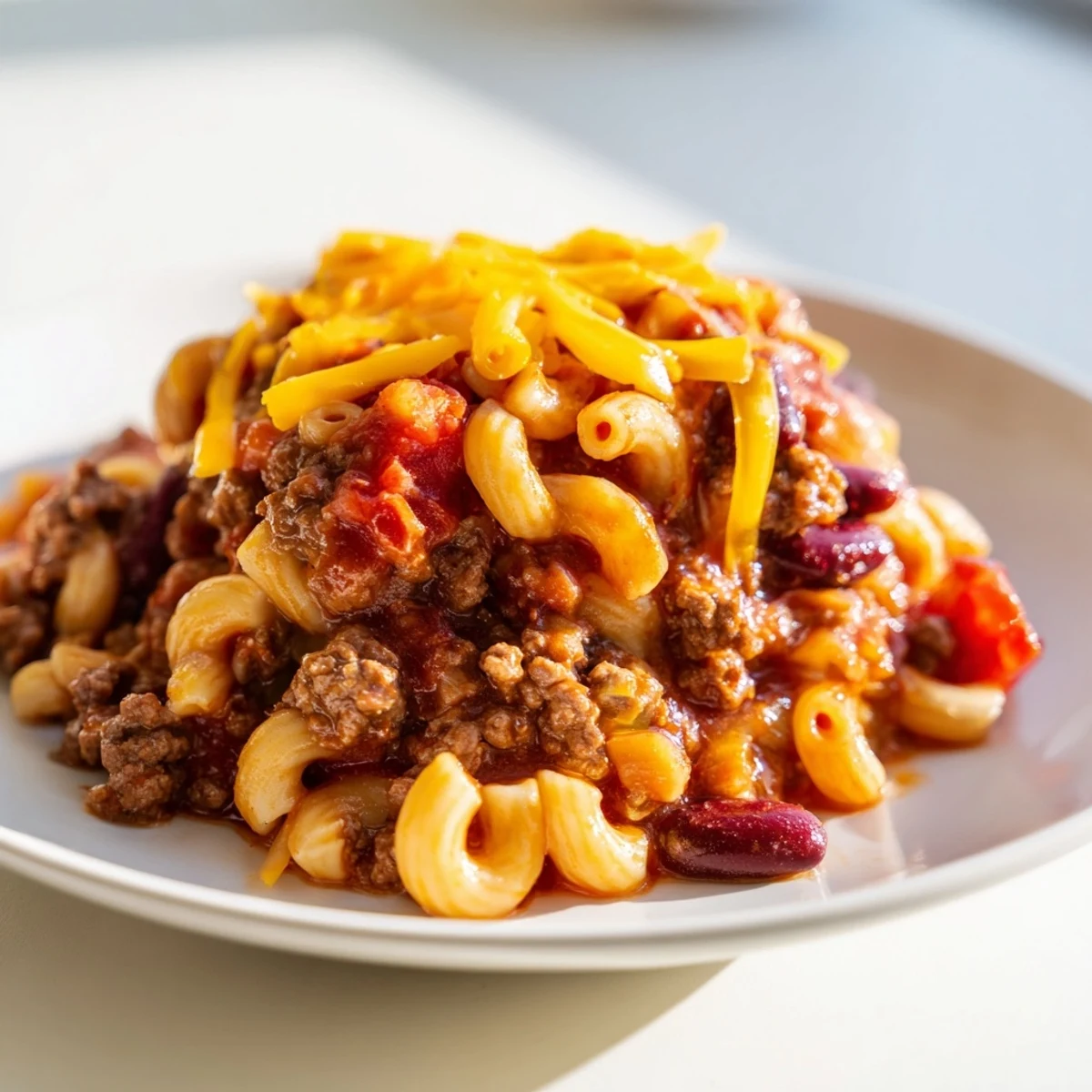 Hearty Beef Chili Mac, a one-pot meal with savory ground beef and cheesy topping, ready to serve.