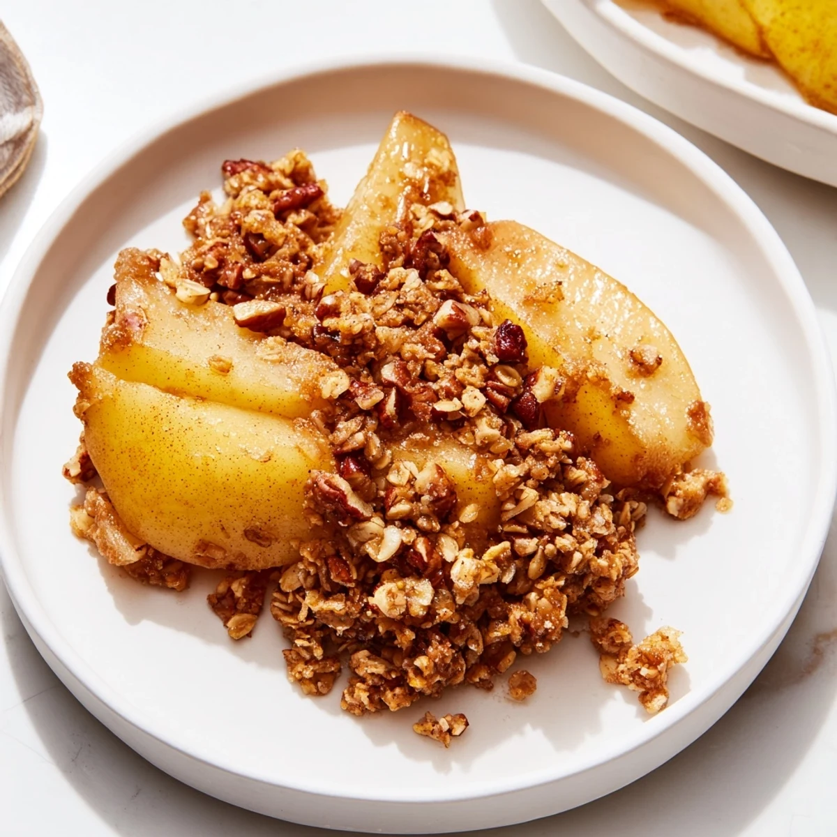 A freshly baked Spiced Pear Crisp, fragrant with cinnamon, perfect with vanilla ice cream.