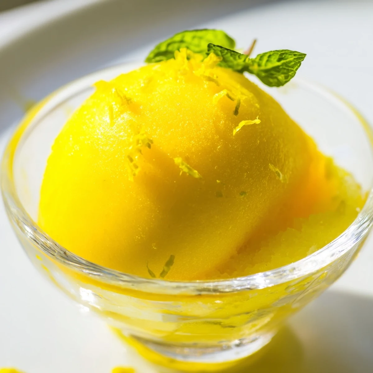 Bright yellow Lemon Sorbet Palate Cleanser, a refreshing dessert, served in elegant glass.