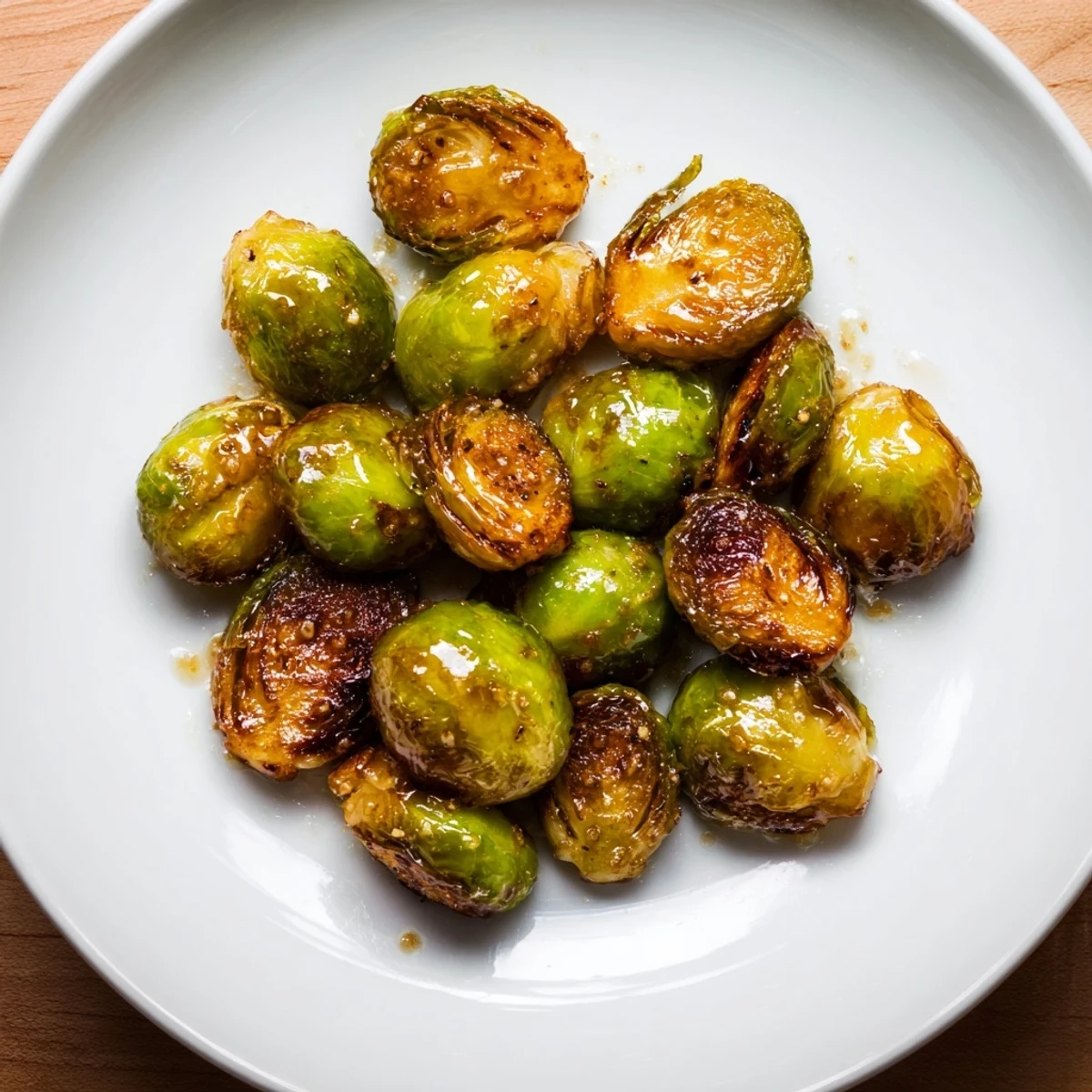 A close-up of honey-glazed Roasted Brussels Sprouts, showcasing their caramelized edges and savory aroma.