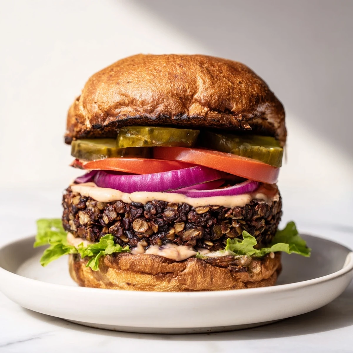 A juicy vegan black bean burger, served on a toasted bun with fresh toppings and spicy chipotle mayo.