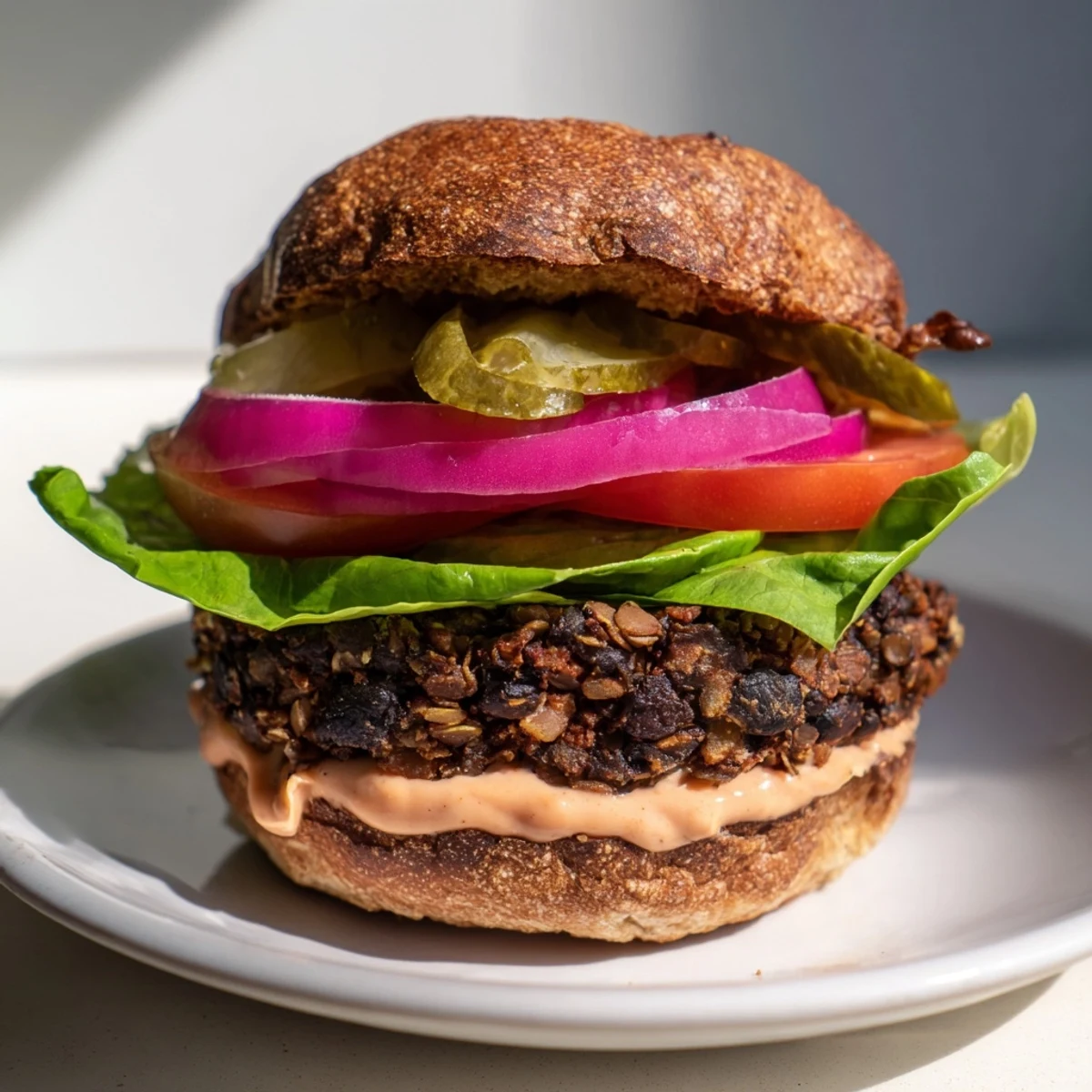 Close-up of a flavorful vegan black bean burger patty, sizzling on a skillet, ready to eat.