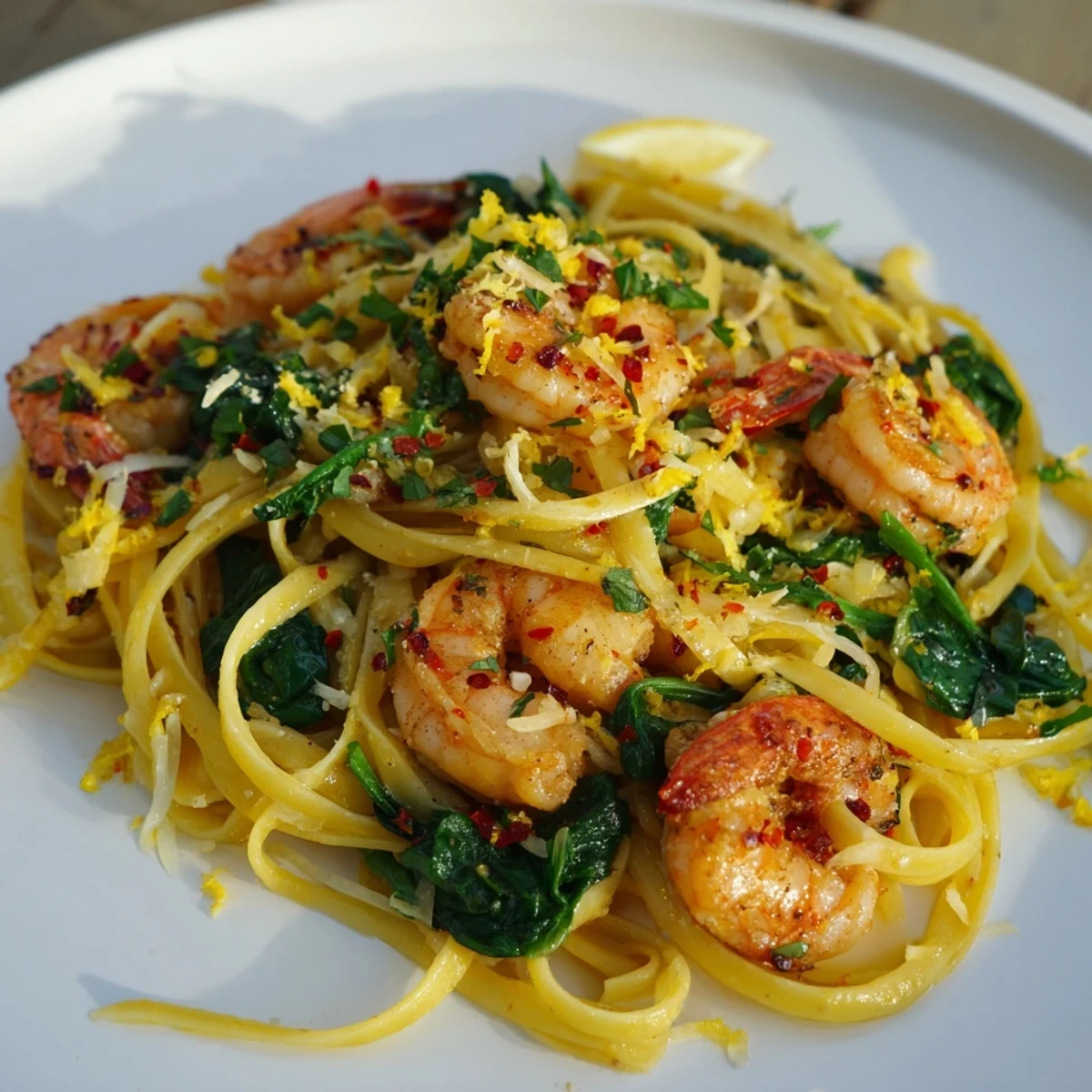 Lemon Garlic Shrimp Pasta with Spinach, a delicious Italian-American dish, plated and garnished.