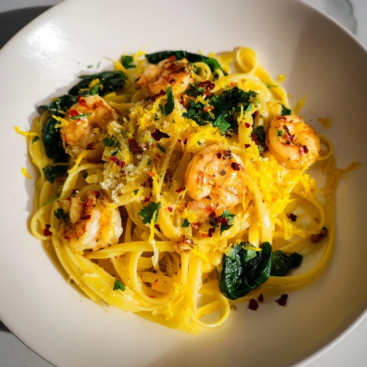 Lemony Lemon Garlic Shrimp Pasta with Spinach, tossed with fresh spinach and Parmesan cheese, ready to serve.