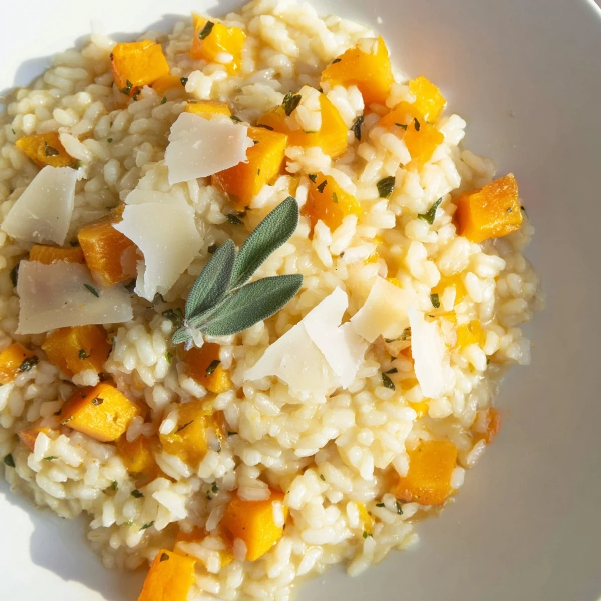 Cremiger Winter-Kürbis-Risotto mit Salbei und Parmesan, dampfend heiß serviert in einer Schüssel.