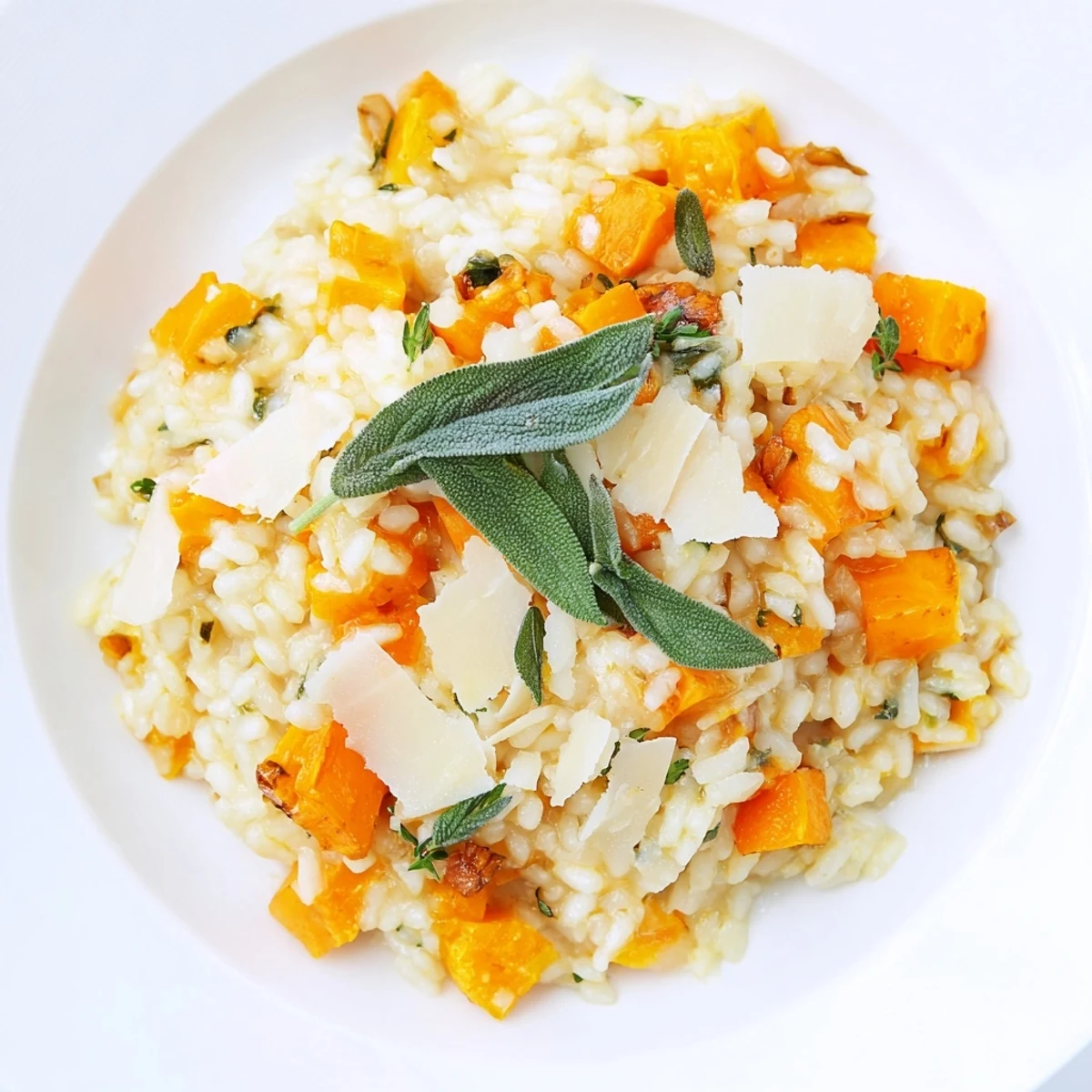 Nahaufnahme von Winter-Kürbis-Risotto, garniert mit Salbei, Parmesan-Splittern; ein köstliches Abendessen.