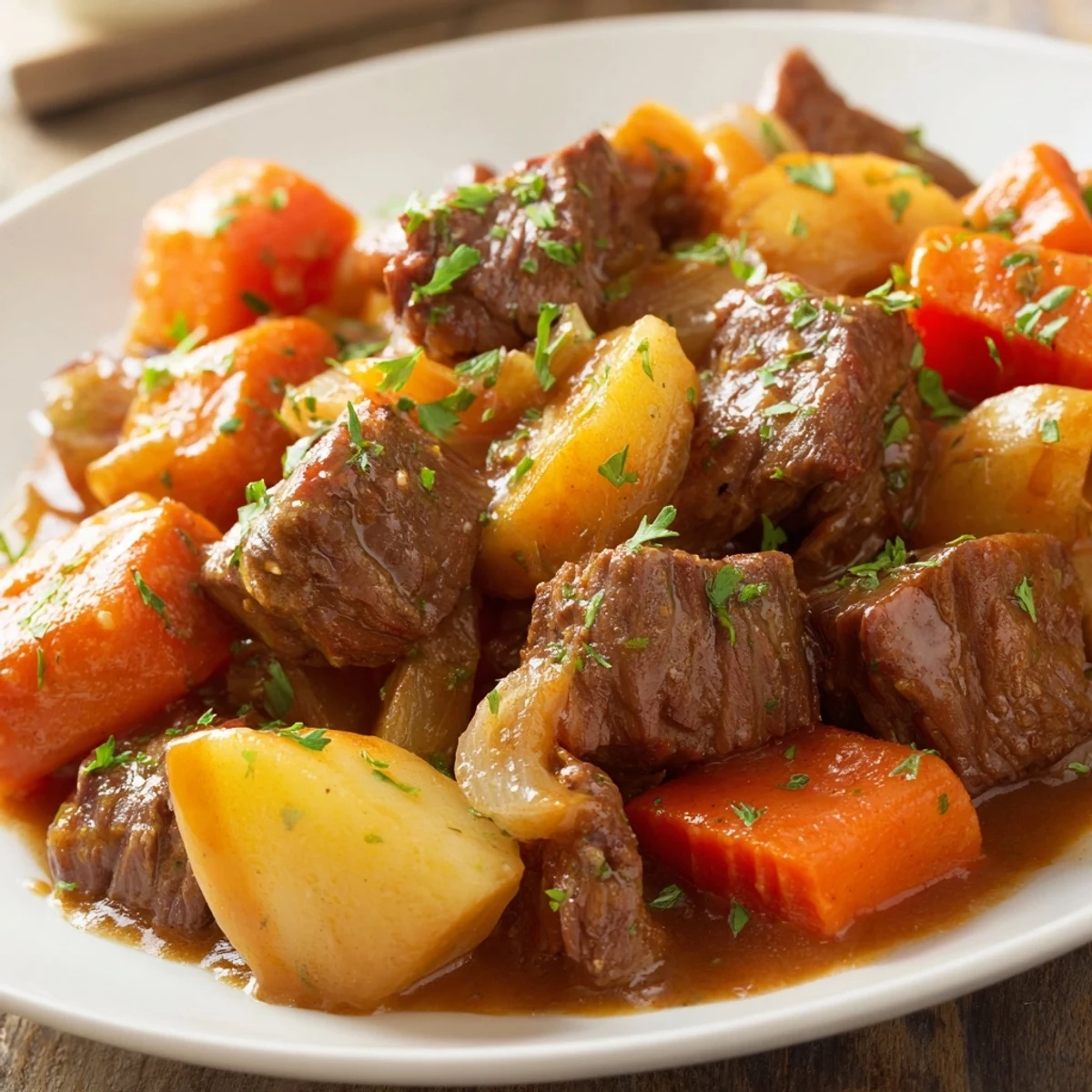 Close-up of a rustic, hearty Slow Cooker Beef Stew with warm, savory aromas rising.