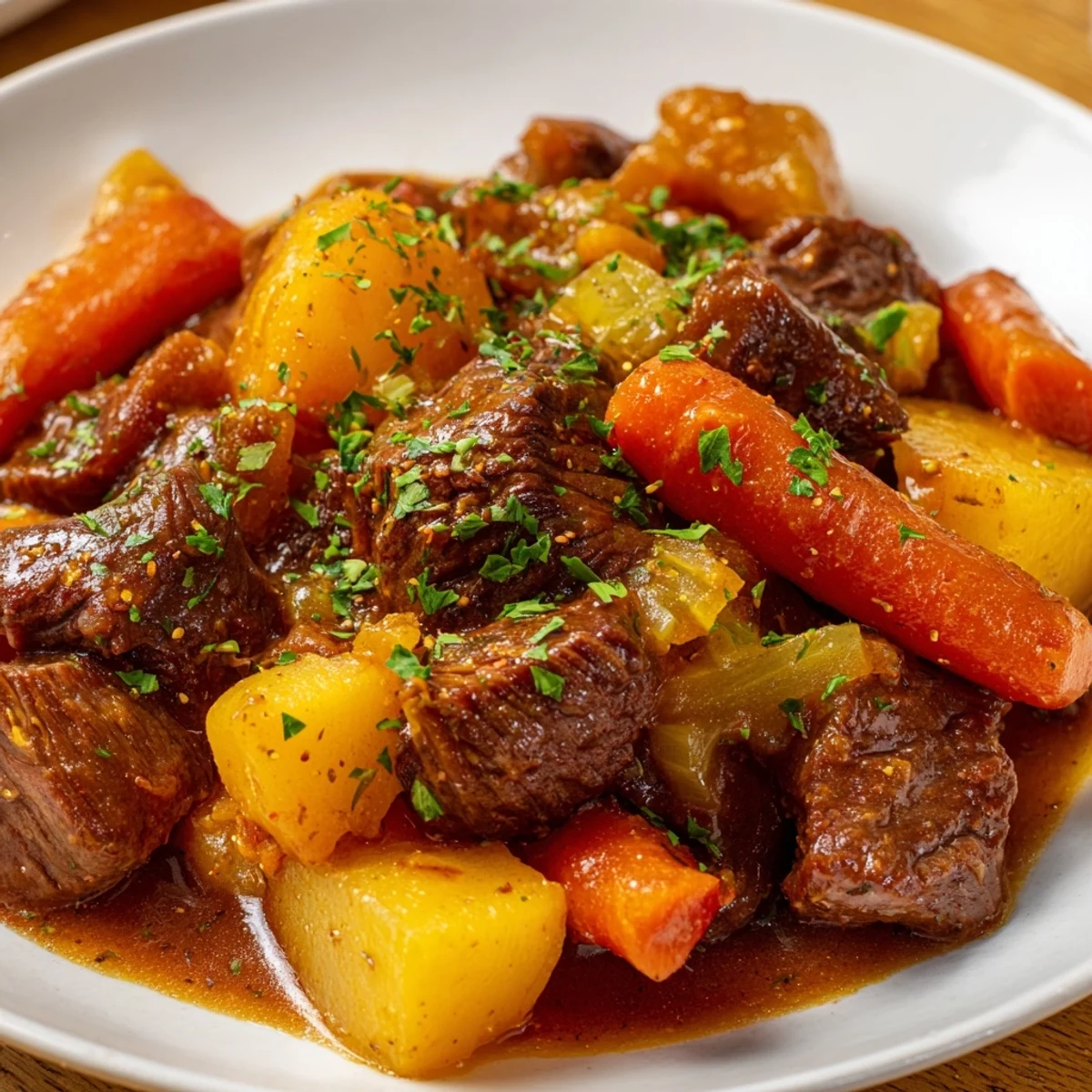 A steaming bowl of Slow Cooker Beef Stew, perfect for a cozy, comforting American meal.