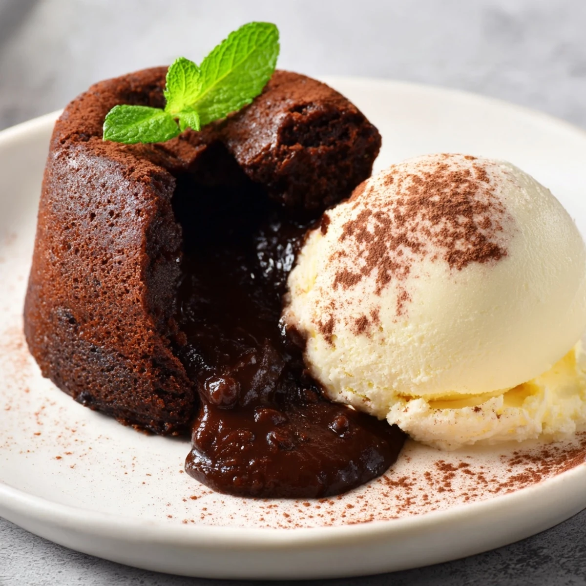 Warm Chocolate Lava Cakes, oozing chocolate, served with a scoop of vanilla ice cream.