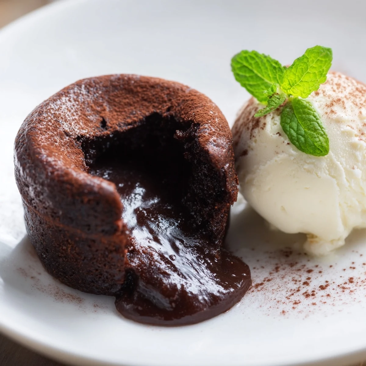 A close-up of a delightful Chocolate Lava Cake, beautifully paired with vanilla ice cream.