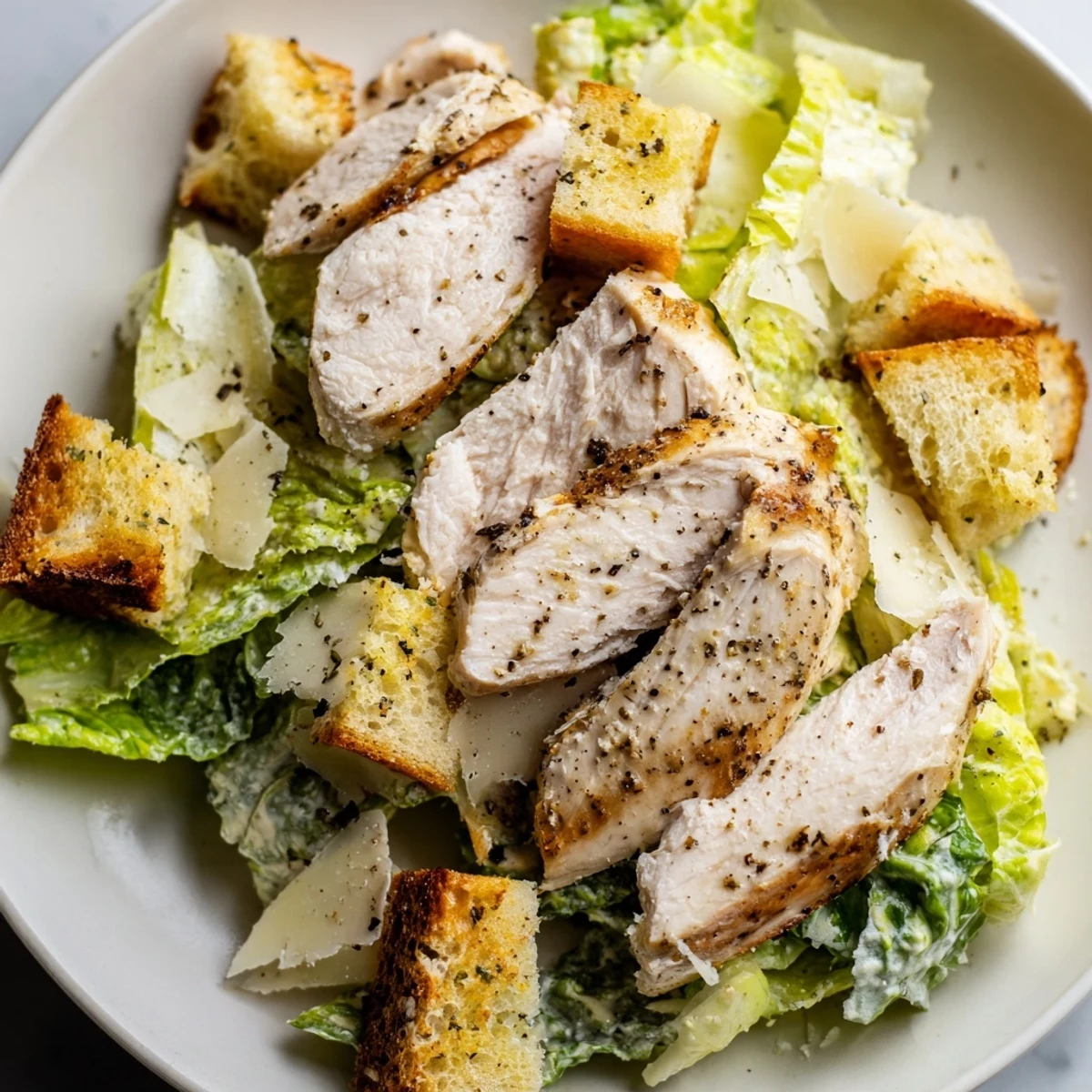 Golden homemade croutons and grilled chicken grace this Chicken Caesar Salad, a satisfying lunch.