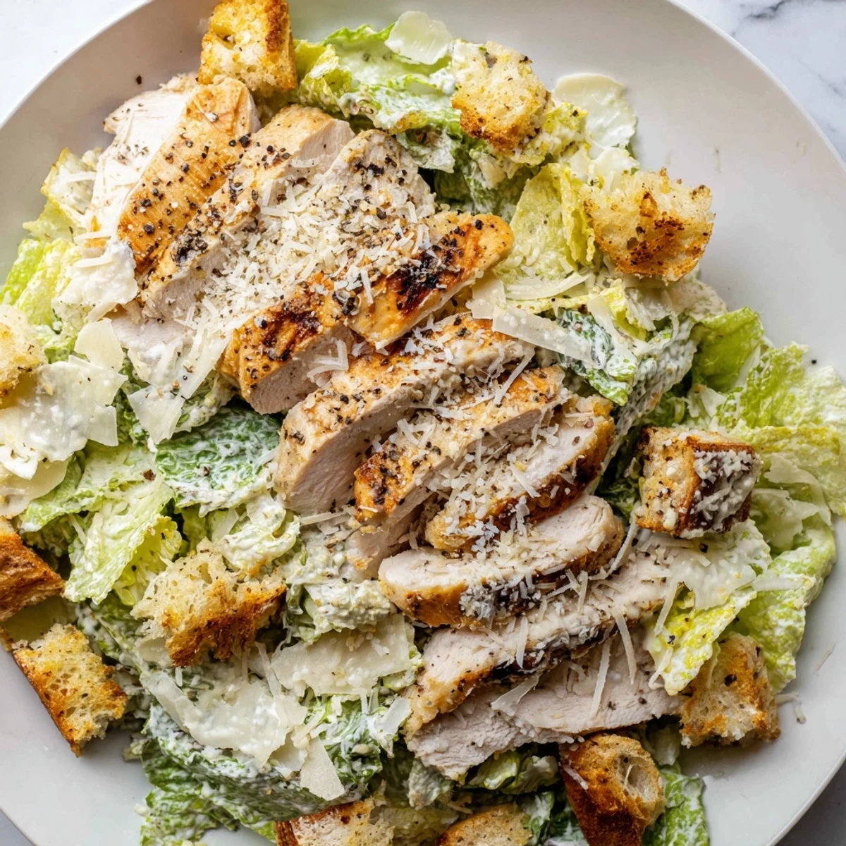 Freshly grated Parmesan tops the flavorful Chicken Caesar Salad with crisp romaine lettuce and juicy chicken.