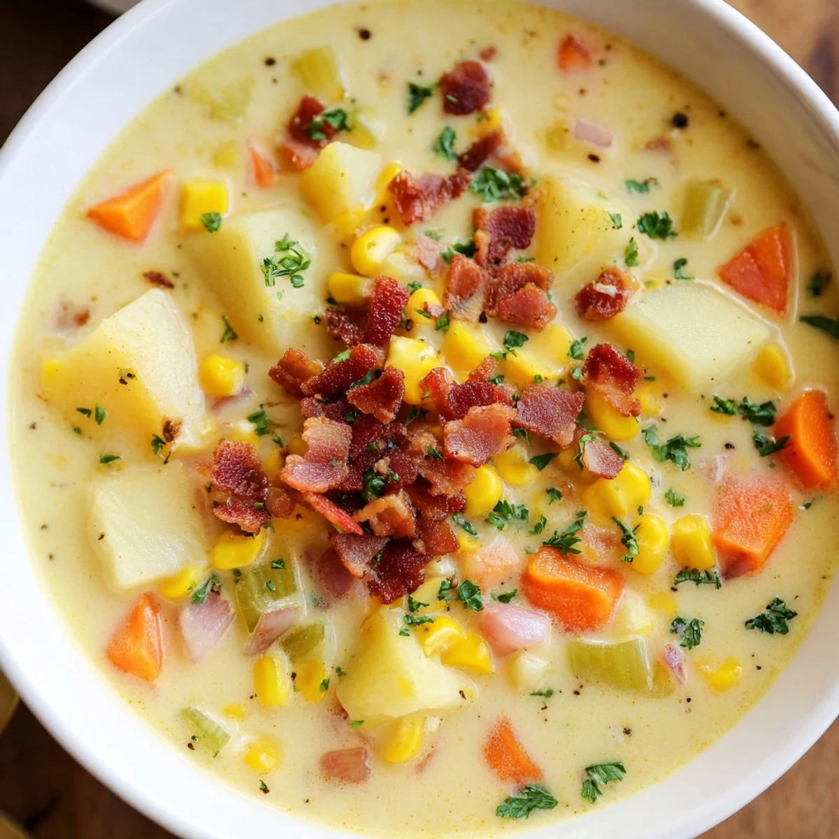 A bowl of Creamy Corn Chowder with turkey bacon, garnished with parsley, ready to eat.