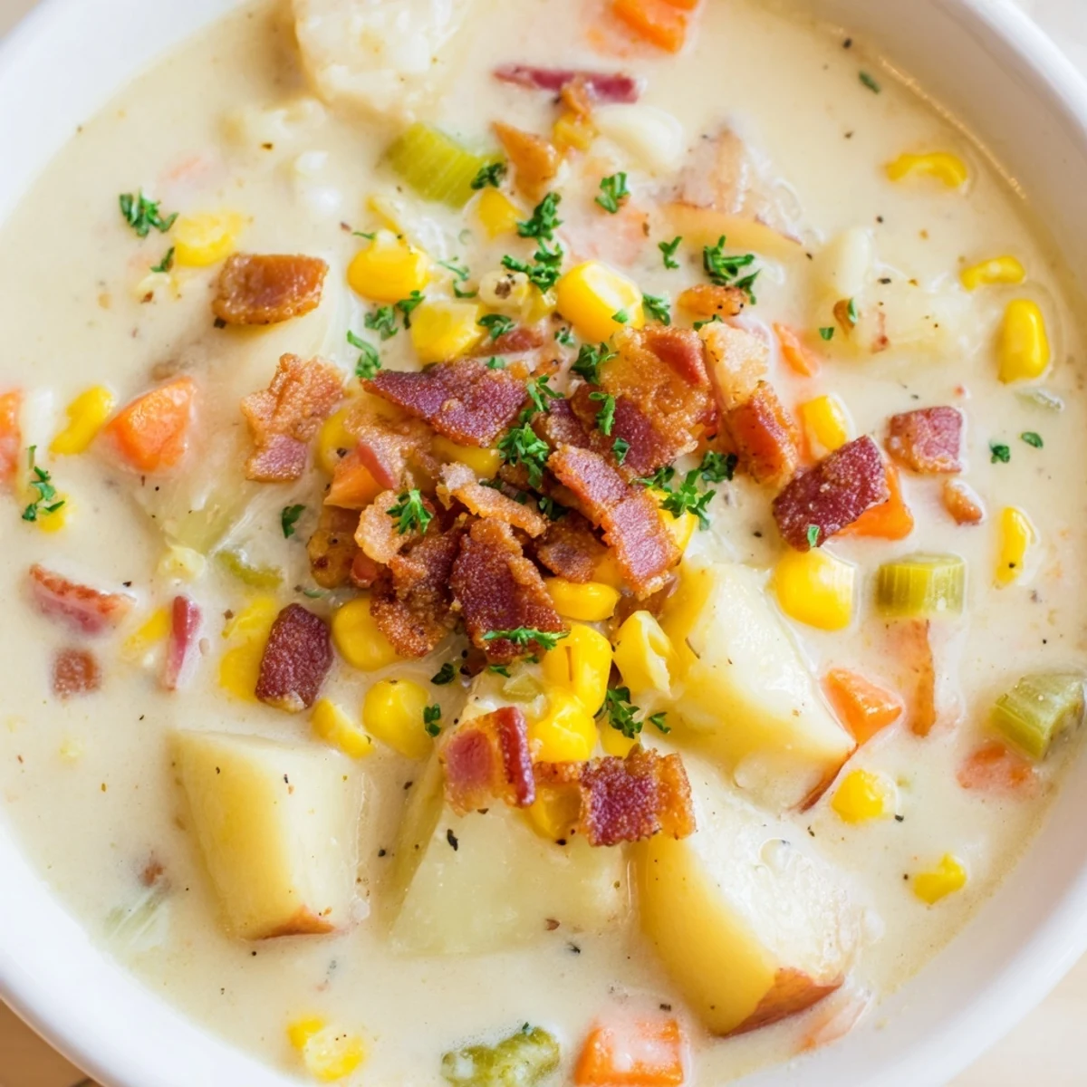 Homemade Creamy Corn Chowder, a gluten-free American classic, served with extra crispy turkey bacon.