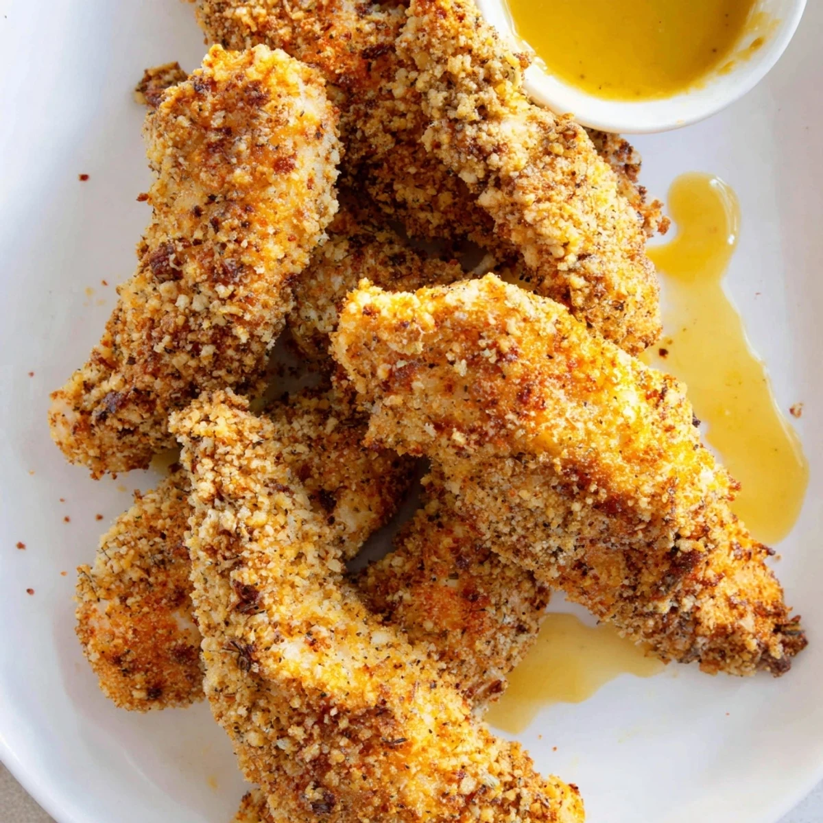 Juicy and tender, these crispy baked chicken tenders rest alongside honey mustard on a plate.