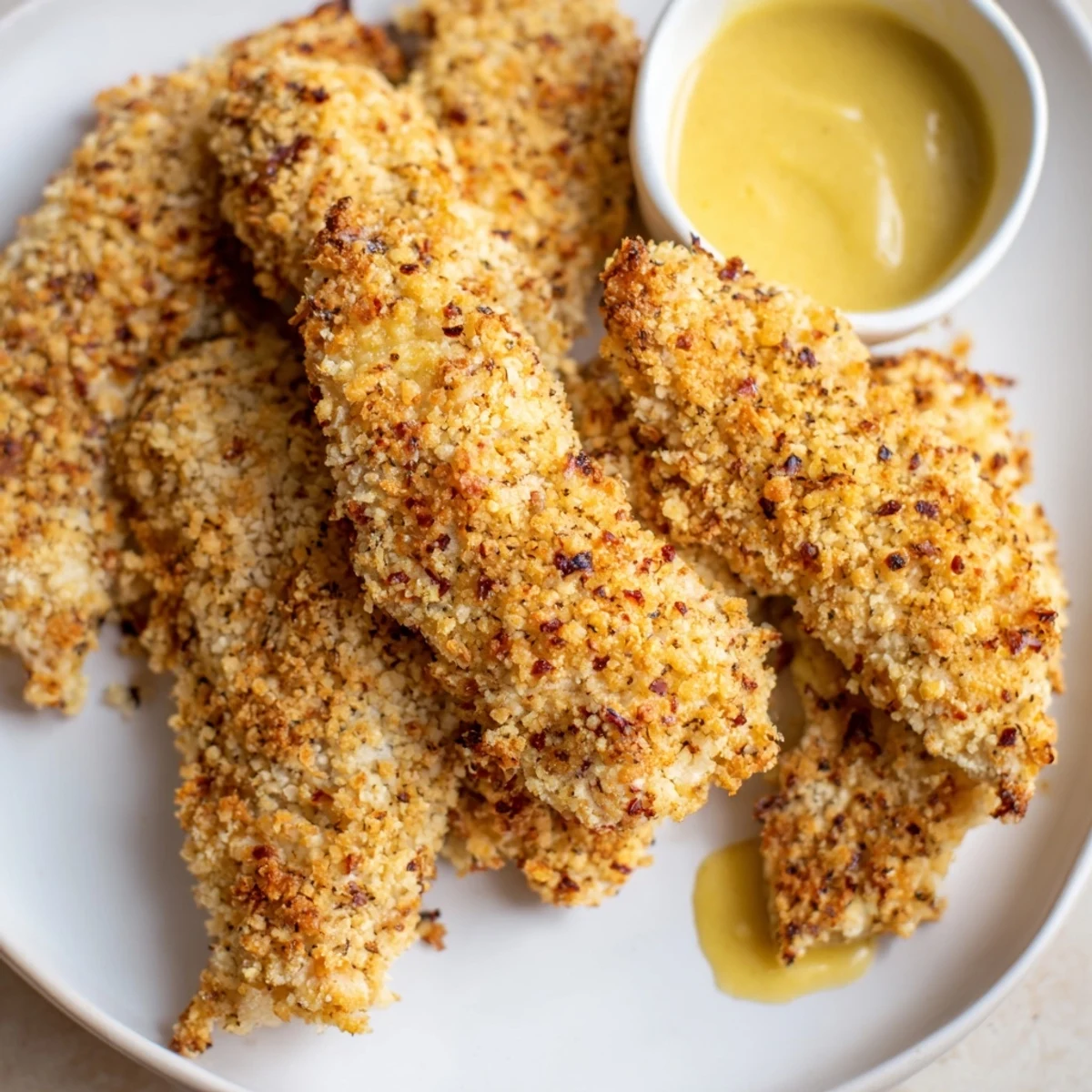 Crunchy panko-crusted baked chicken tenders, appealingly golden brown, served with a sweet honey mustard dip.