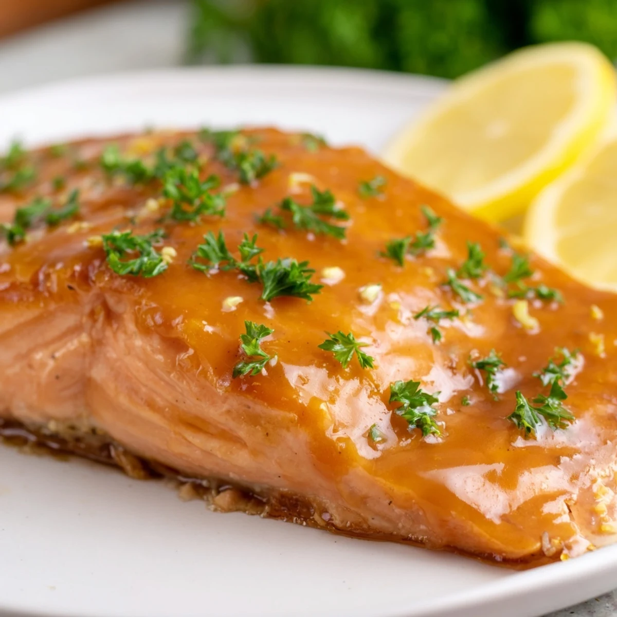 Baked Salmon with Maple Glaze, glistening and golden, ready to serve with lemon wedges.