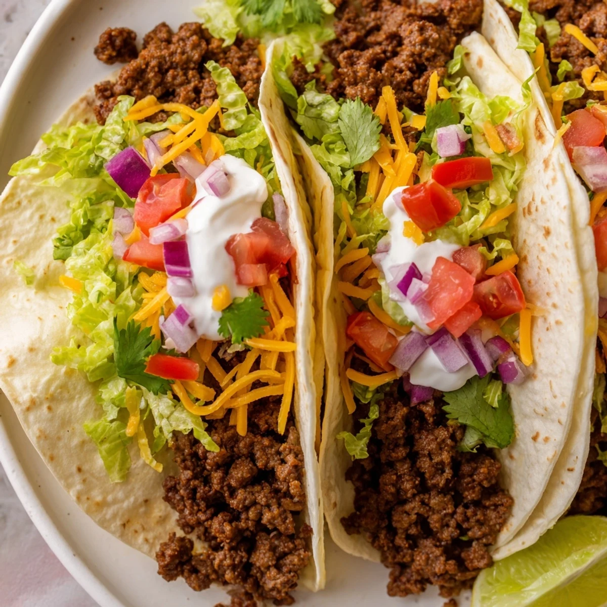 Tender beef tacos with soft tortillas, overflowing with savory filling, ready to serve and enjoy.