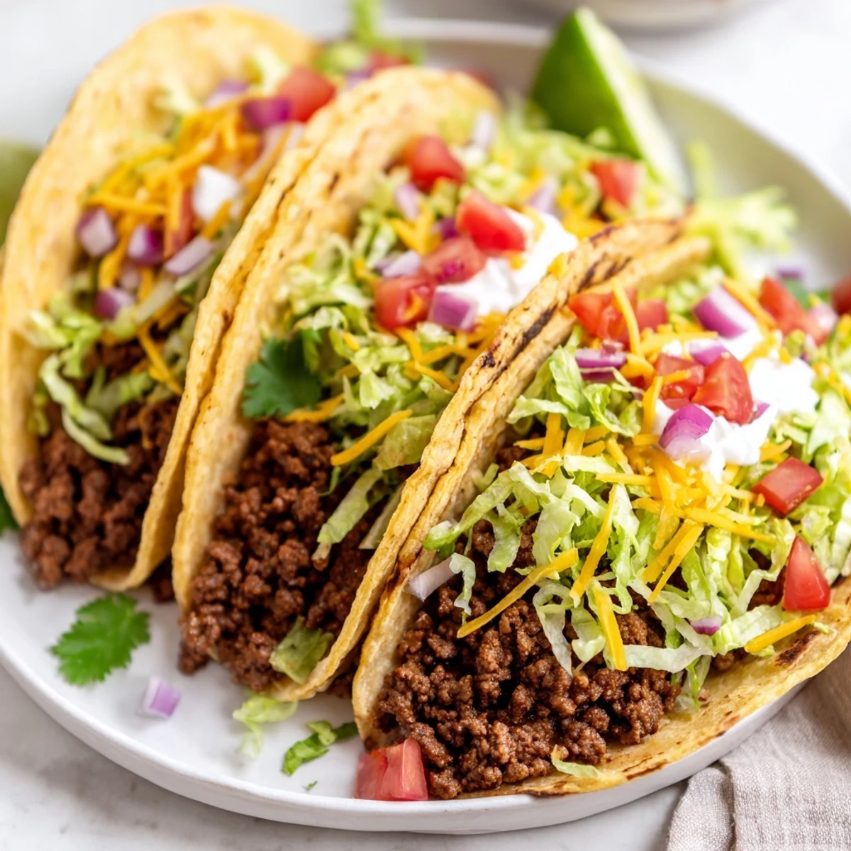 A close-up of fully loaded beef tacos, with visible fresh toppings, ready to enjoy with soft tortillas.