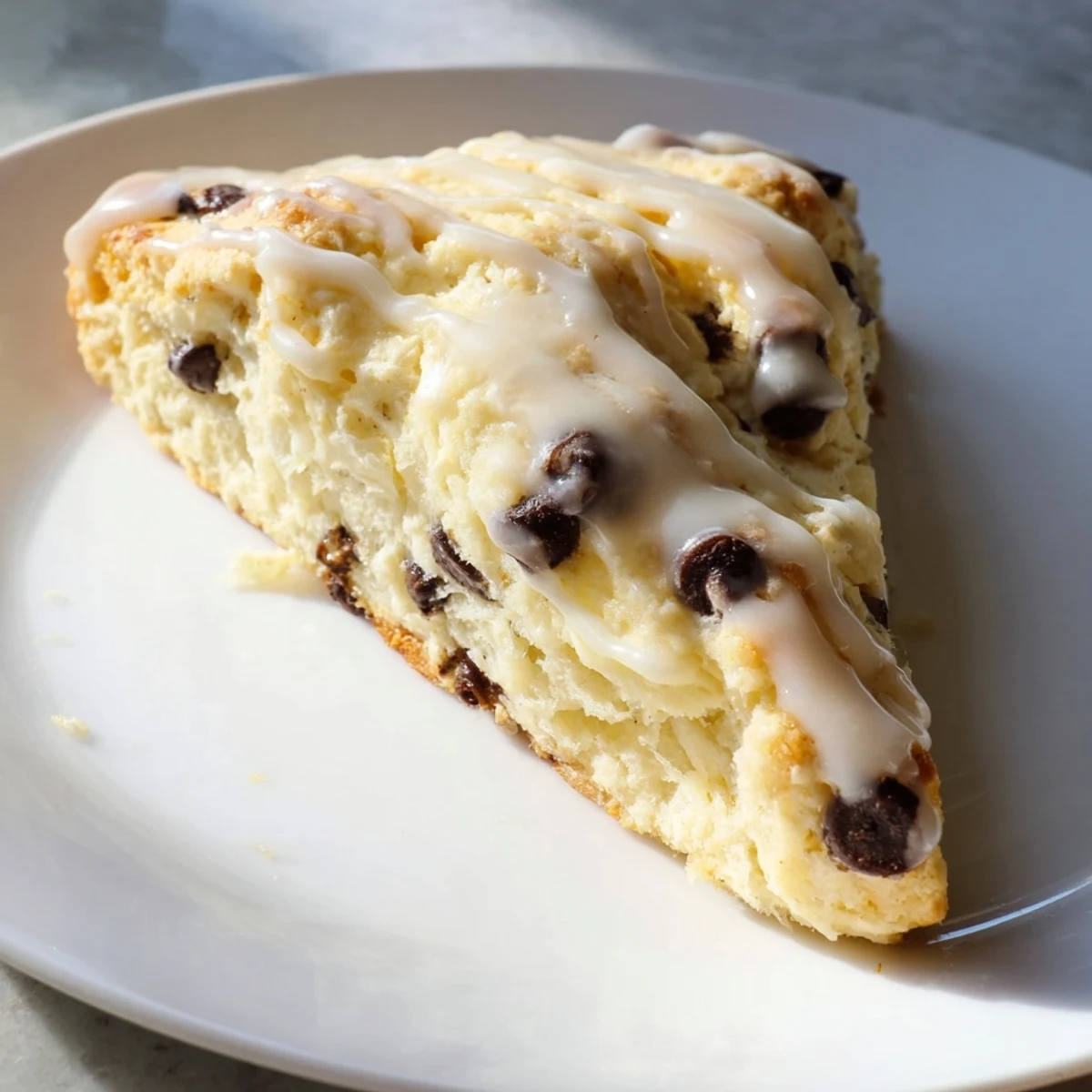 Warm, freshly baked chocolate chip scones with a sweet vanilla glaze, ready to serve for breakfast.