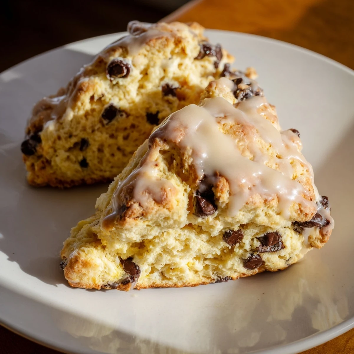 Golden and flaky chocolate chip scones, drizzled with sweet glaze, perfect for pairing with coffee.