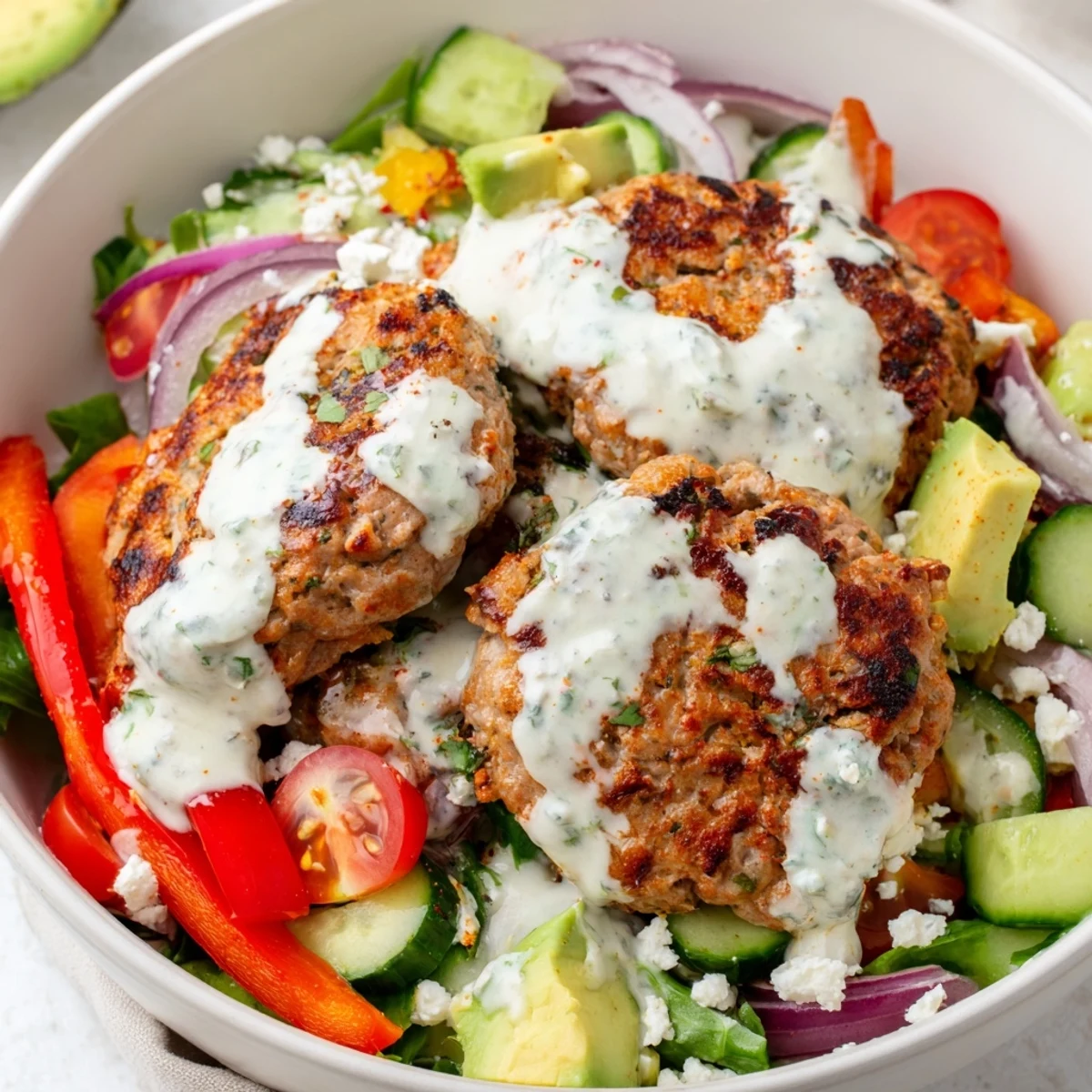 Juicy turkey burger patties atop a vibrant Turkey Burger Salad Bowl, drizzled with creamy yogurt dressing.
