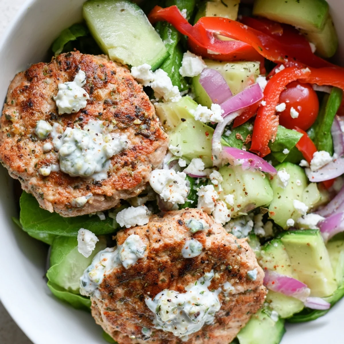 A colorful and fresh Turkey Burger Salad Bowl, with sliced turkey burgers ready to be enjoyed.