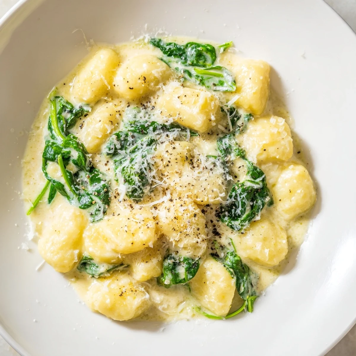 This delicious bowl of creamy gnocchi with spinach is perfect for a quick Italian dinner.