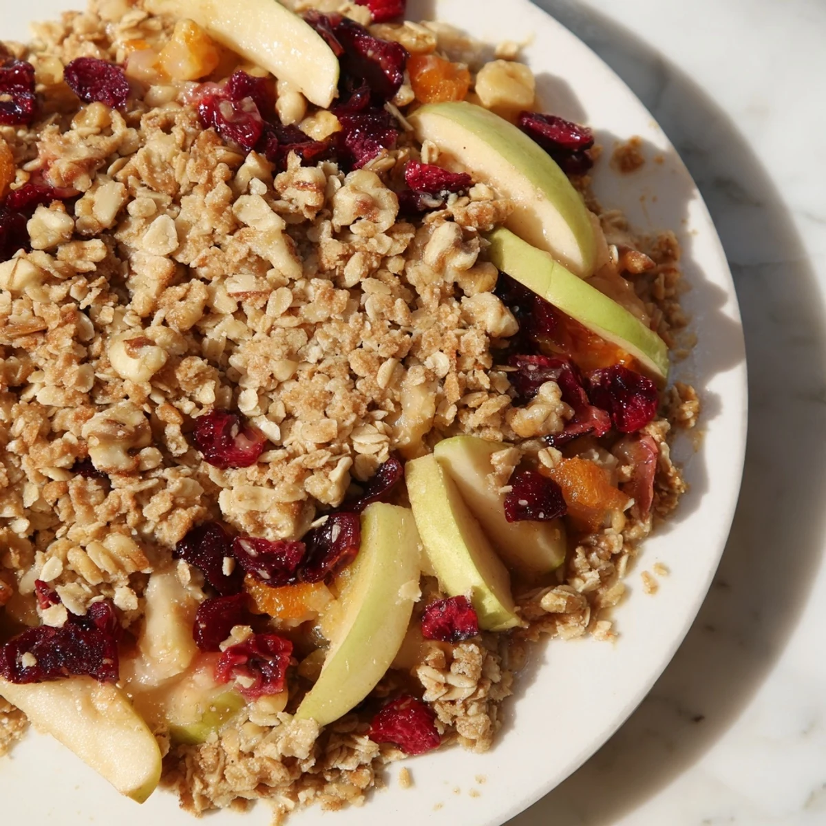 Steaming Winter Fruit Crisp with a golden, oat-filled topping, ready to serve warm.