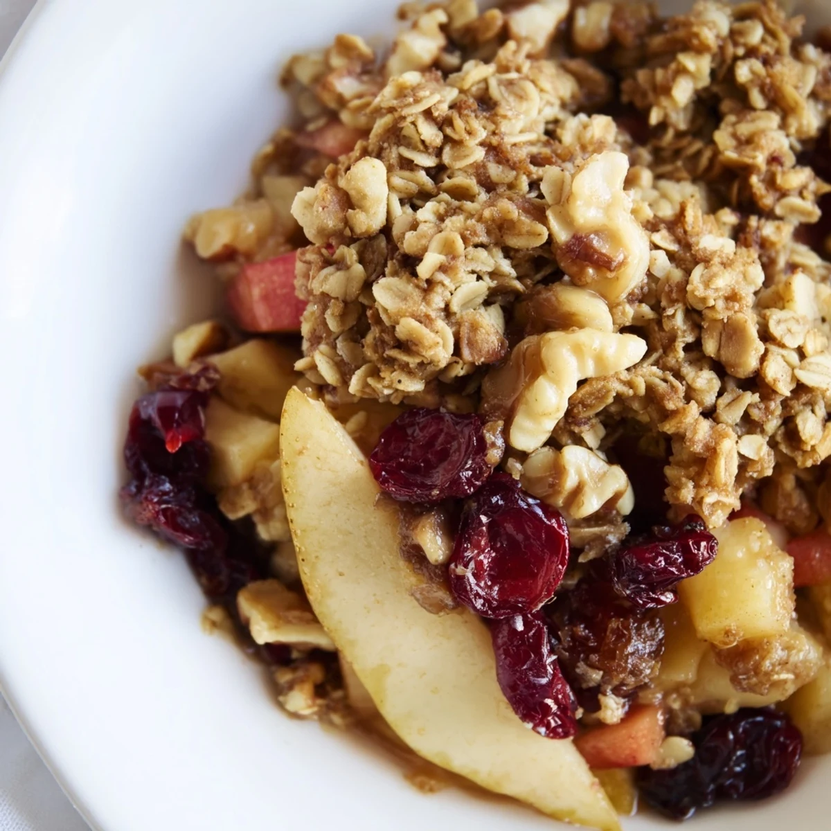 Warm Winter Fruit Crisp dessert with cinnamon, served in a baking dish ideal for cozy evenings.