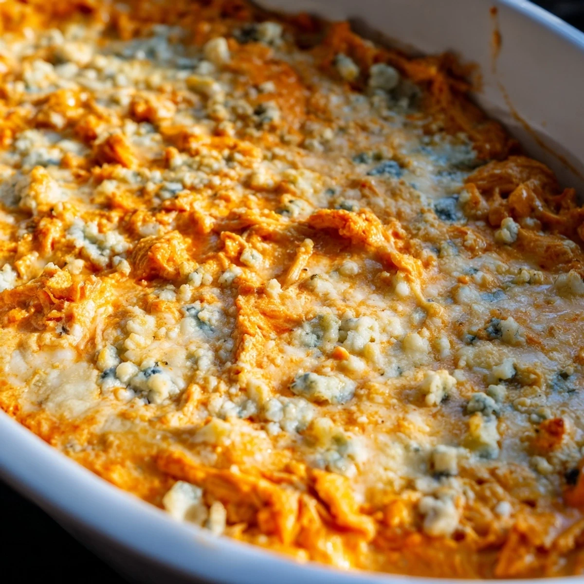 Sizzling Spicy Buffalo Chicken Dip baked in a dish with crisp celery sticks.