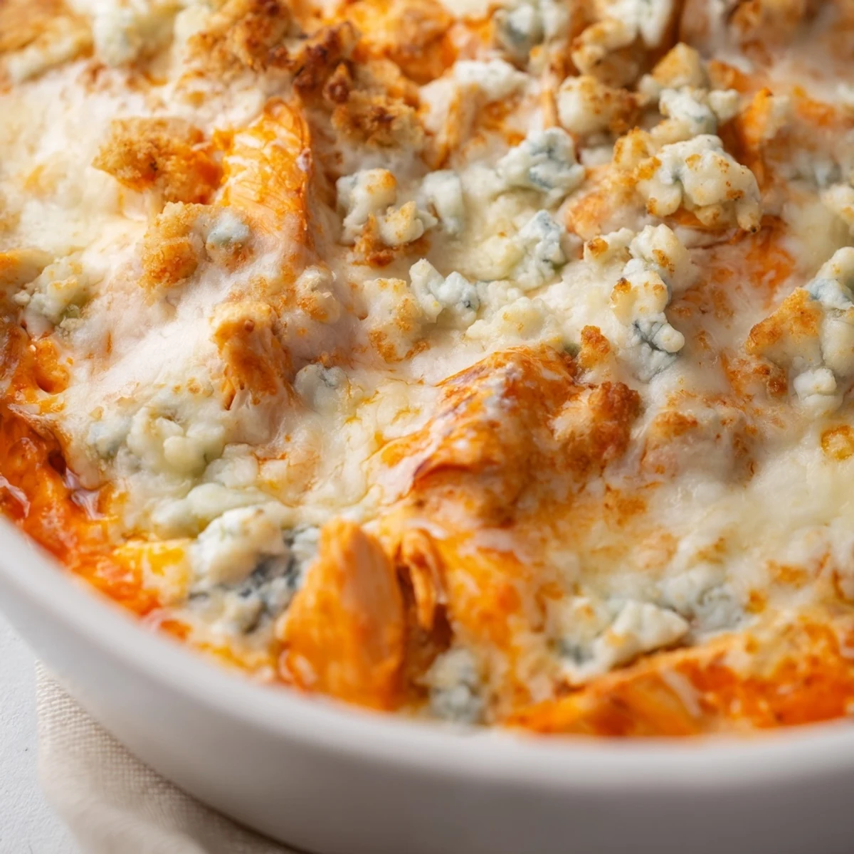 Golden bubbling Spicy Buffalo Chicken Dip with celery sticks ready for a party.