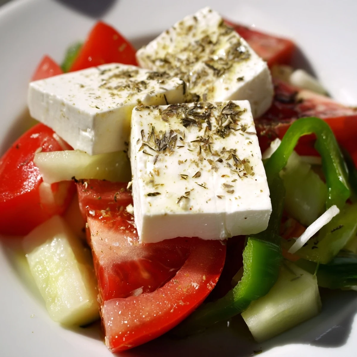 Greek Salad with Kalamata Olives and Feta Cheese featuring red tomatoes, cucumber, and a zesty vinaigrette on a rustic table.
