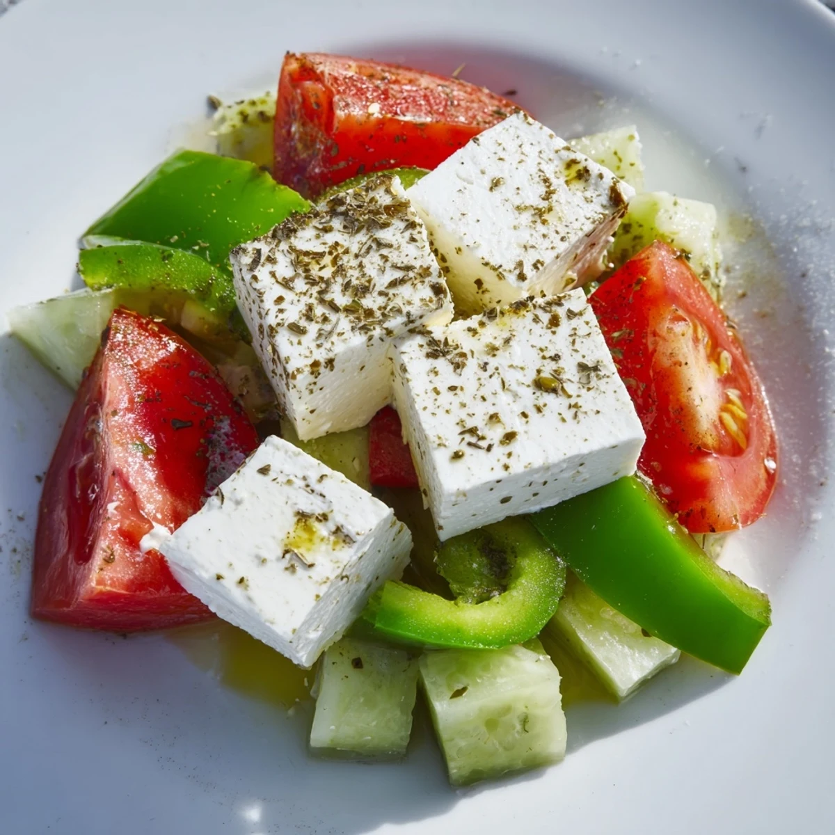 Fresh Greek Salad with Kalamata Olives and Feta Cheese served in a white bowl, next to crusty bread and wine.