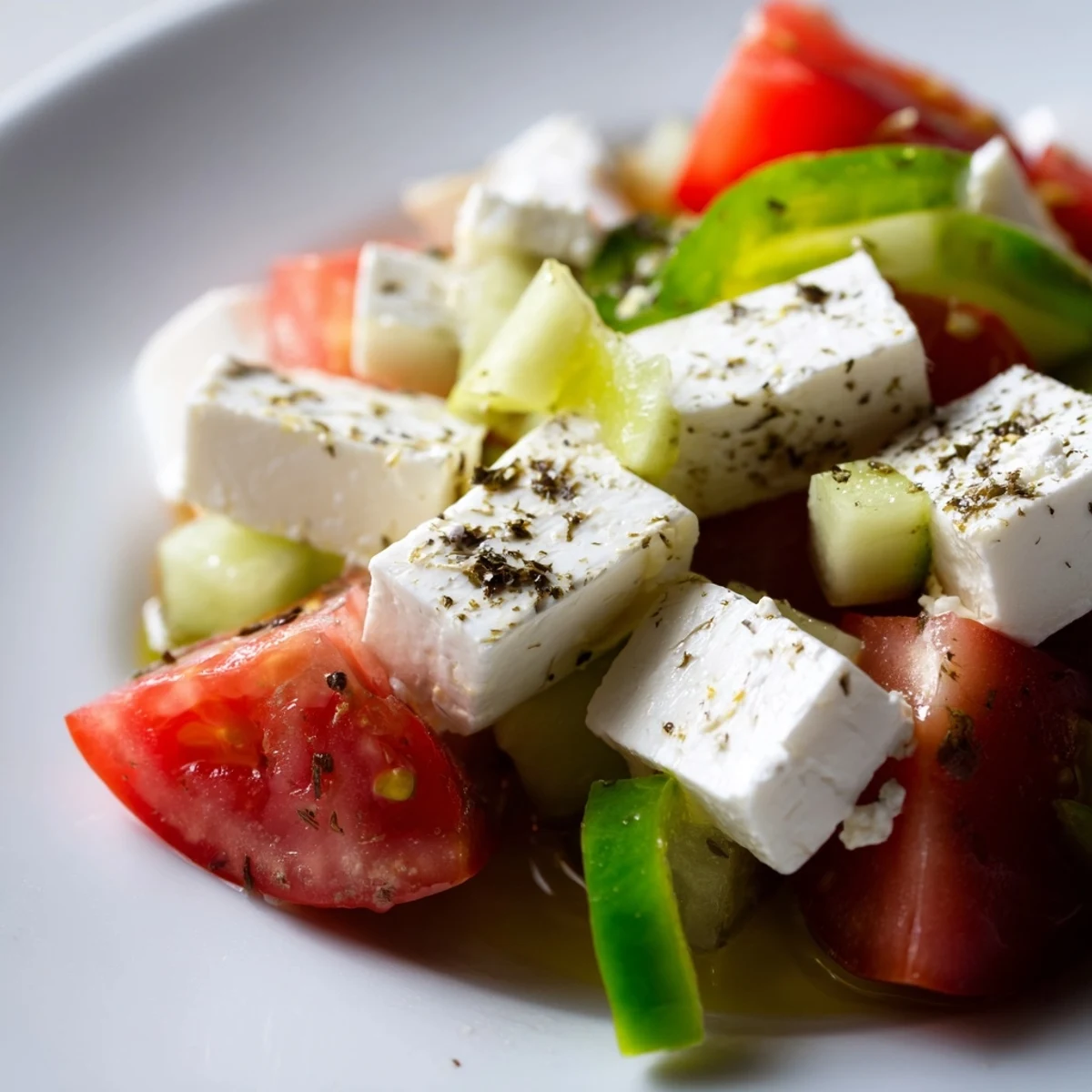 Authentic Greek Salad with Kalamata Olives and Feta Cheese topped with oregano, bright vegetables, and a drizzle of olive oil.