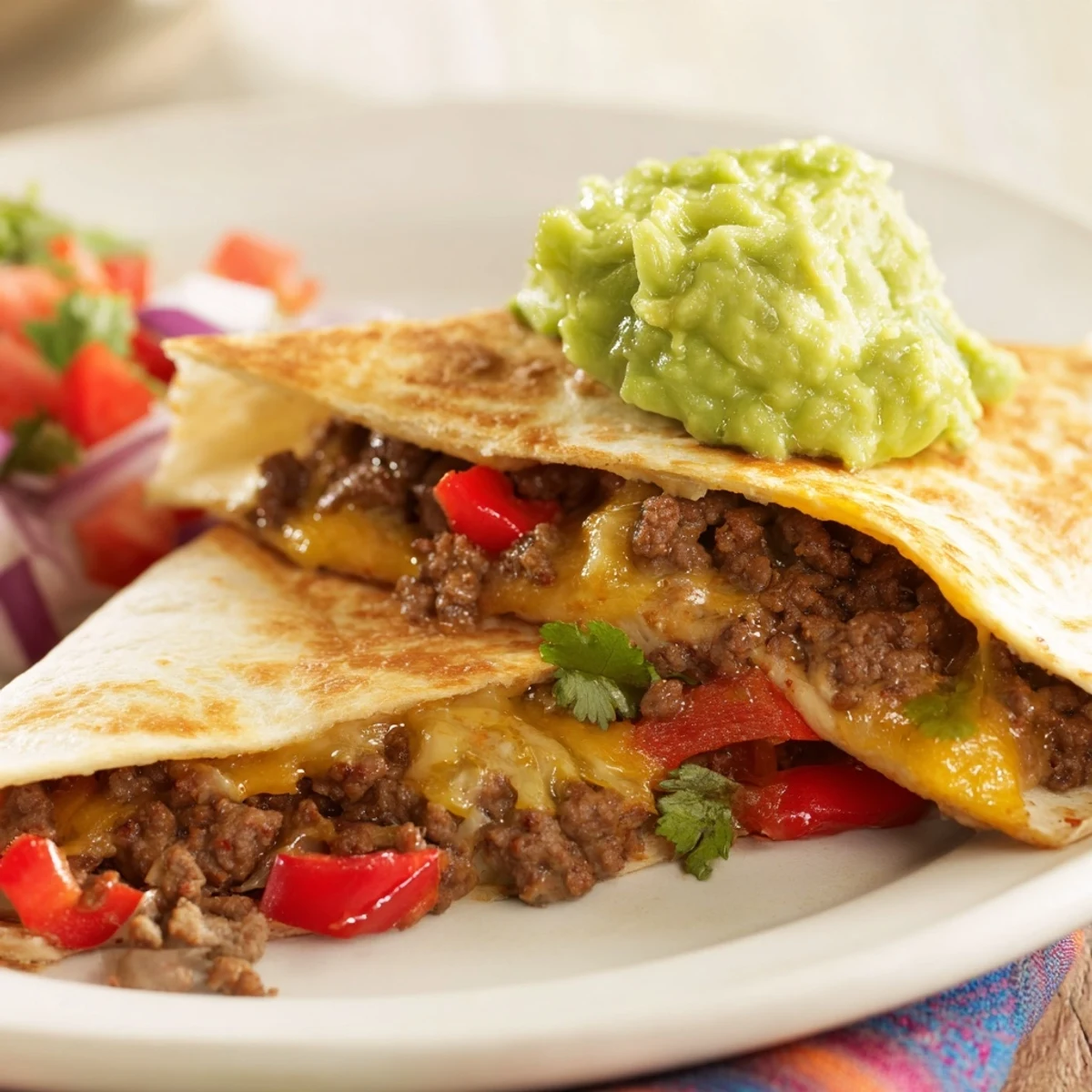 Golden-brown Beef Quesadillas with Salsa and Guacamole on a rustic plate